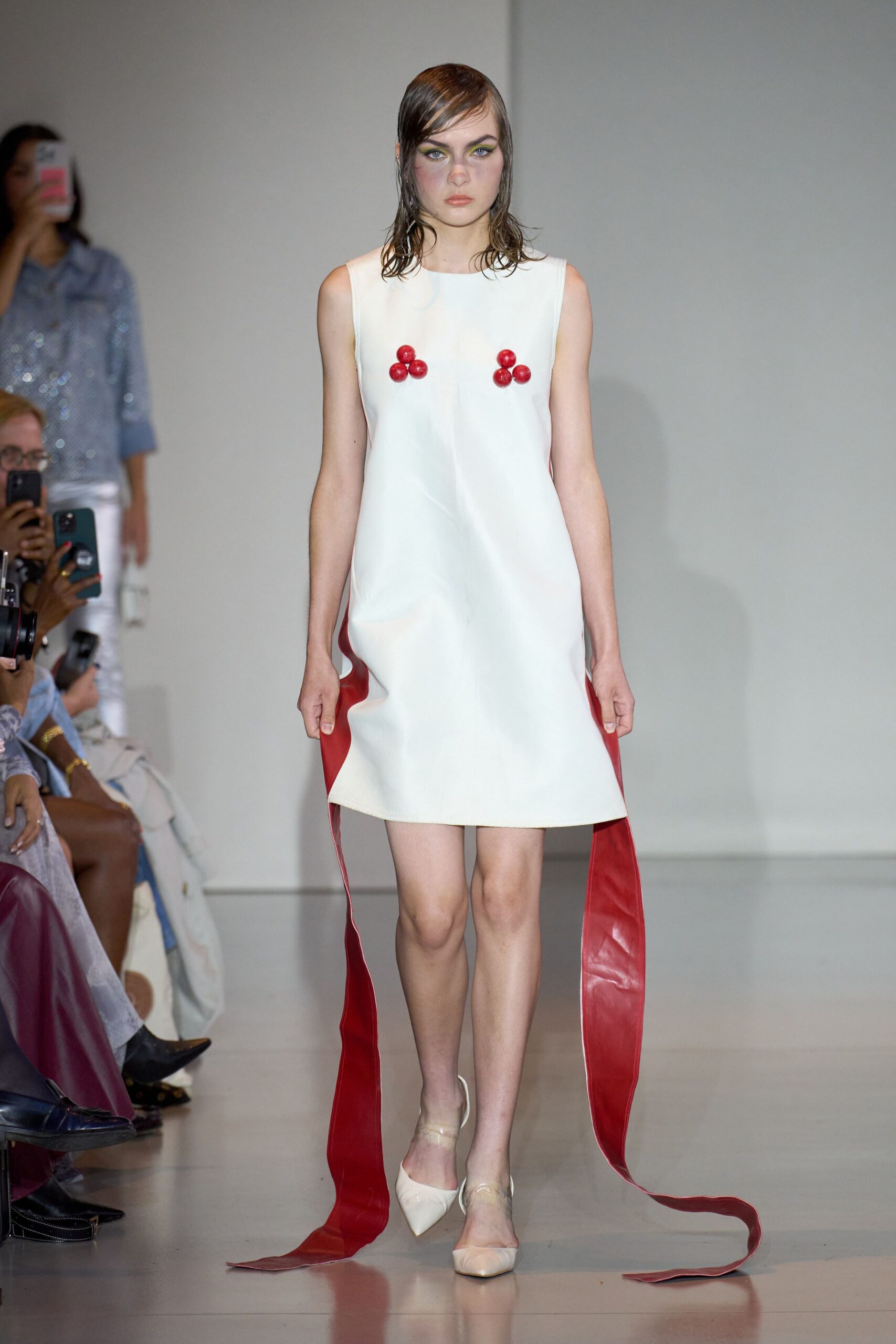 white fitted mini dress with red details