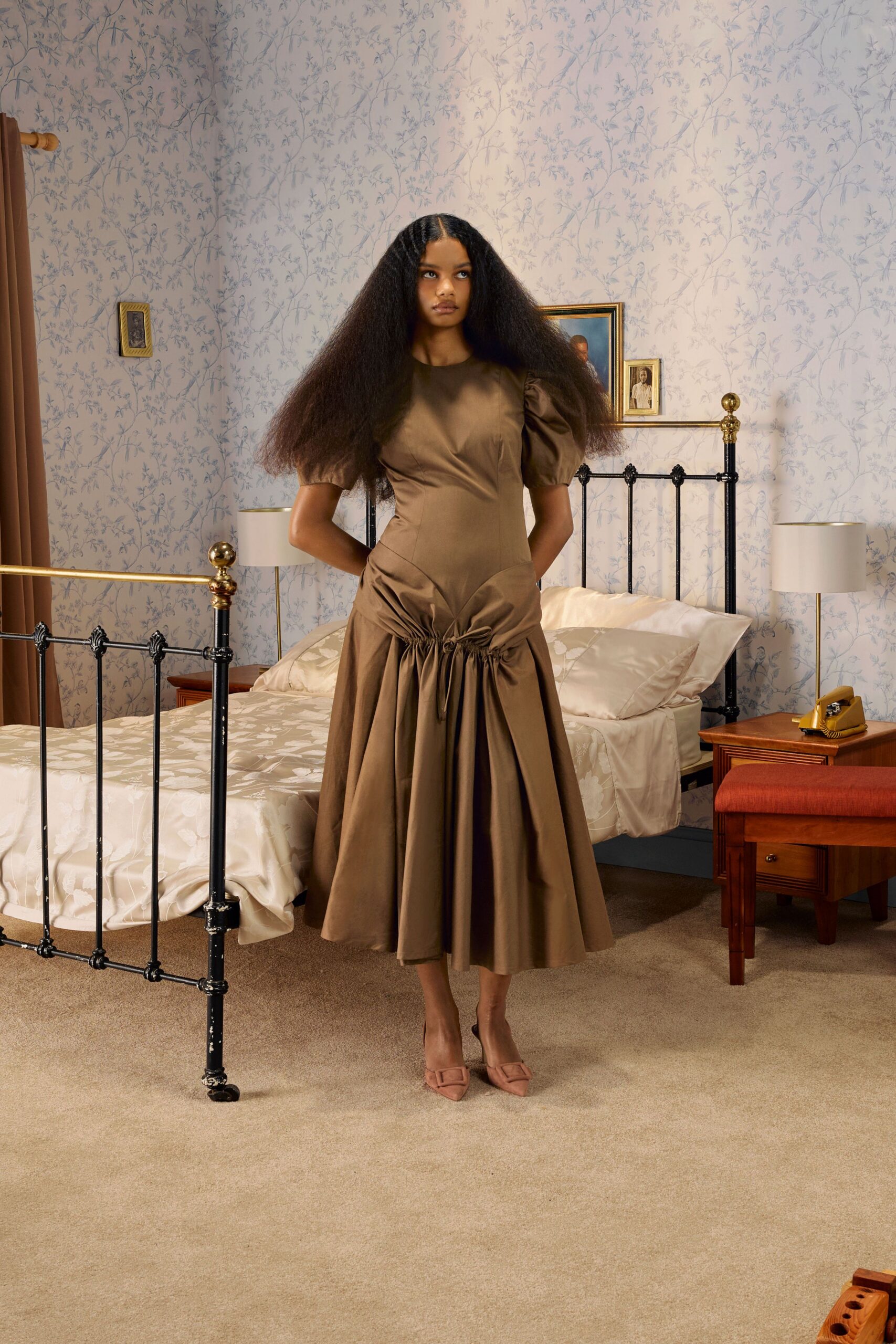 brown silk fitted midi dress