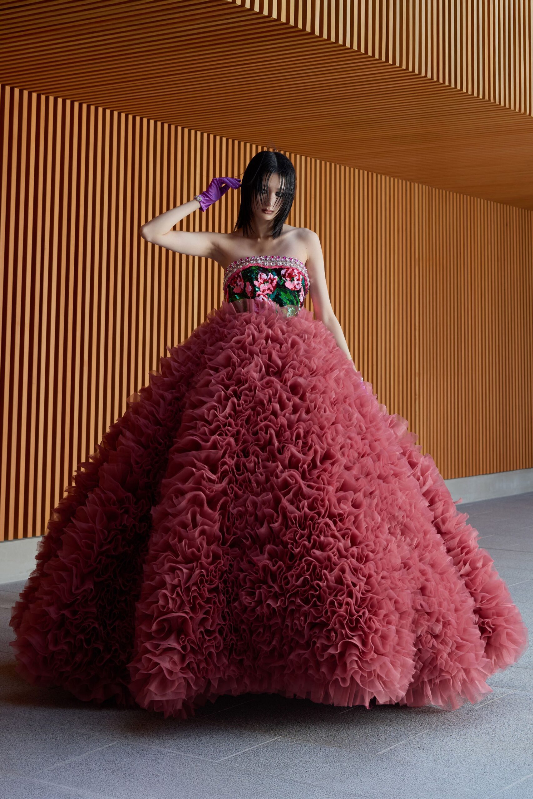 pink ruffled strapless gown