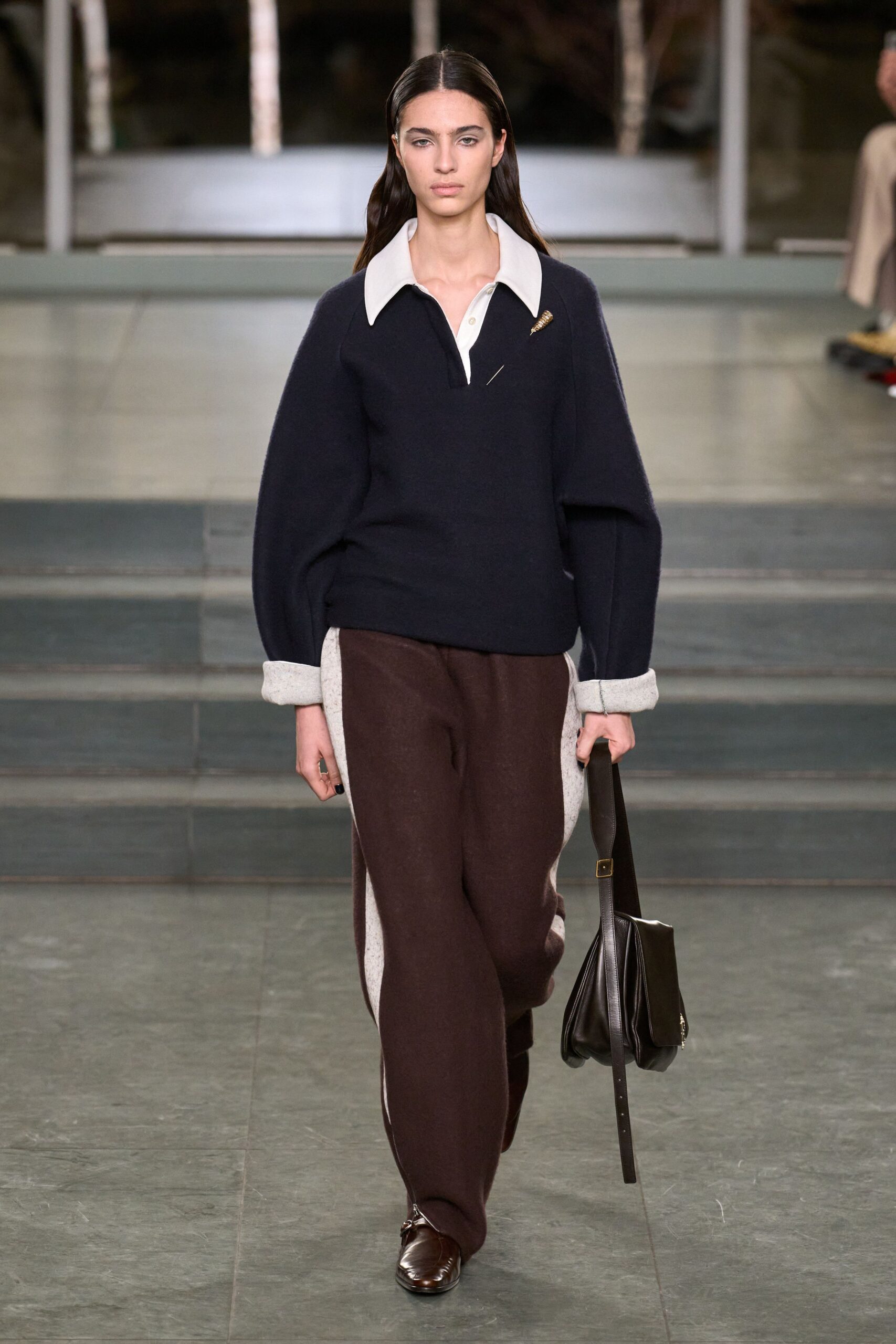 blue wool long-sleeve collared relaxed top