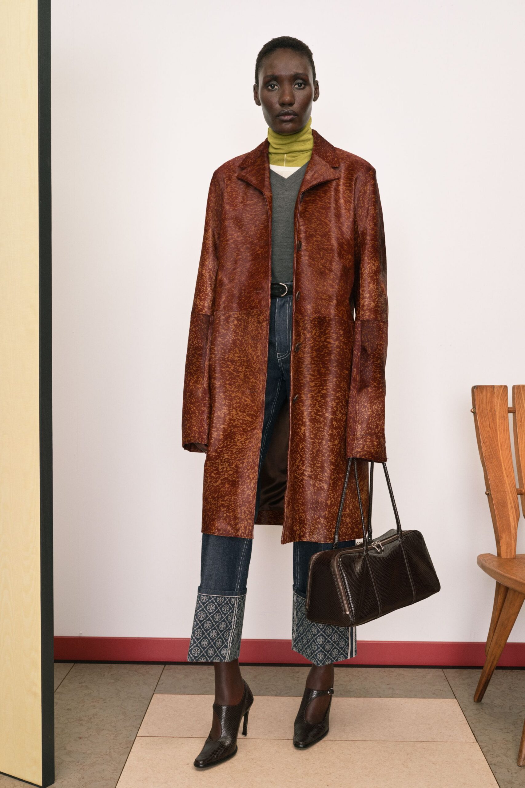 brown leather long-sleeve collared relaxed textured coat