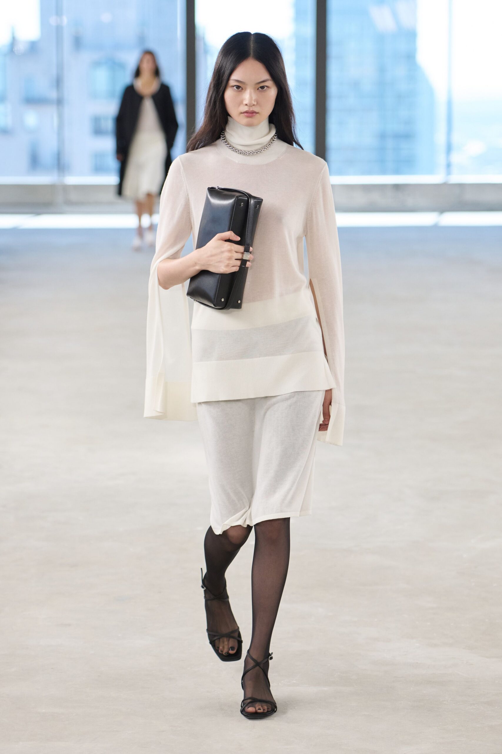 white silk long-sleeve high-neck fitted layered sheer top