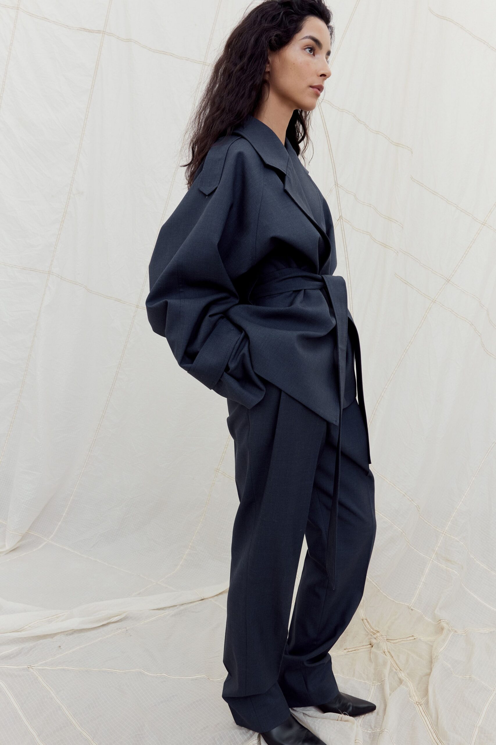 blue cotton long-sleeve collared oversized belted jacket