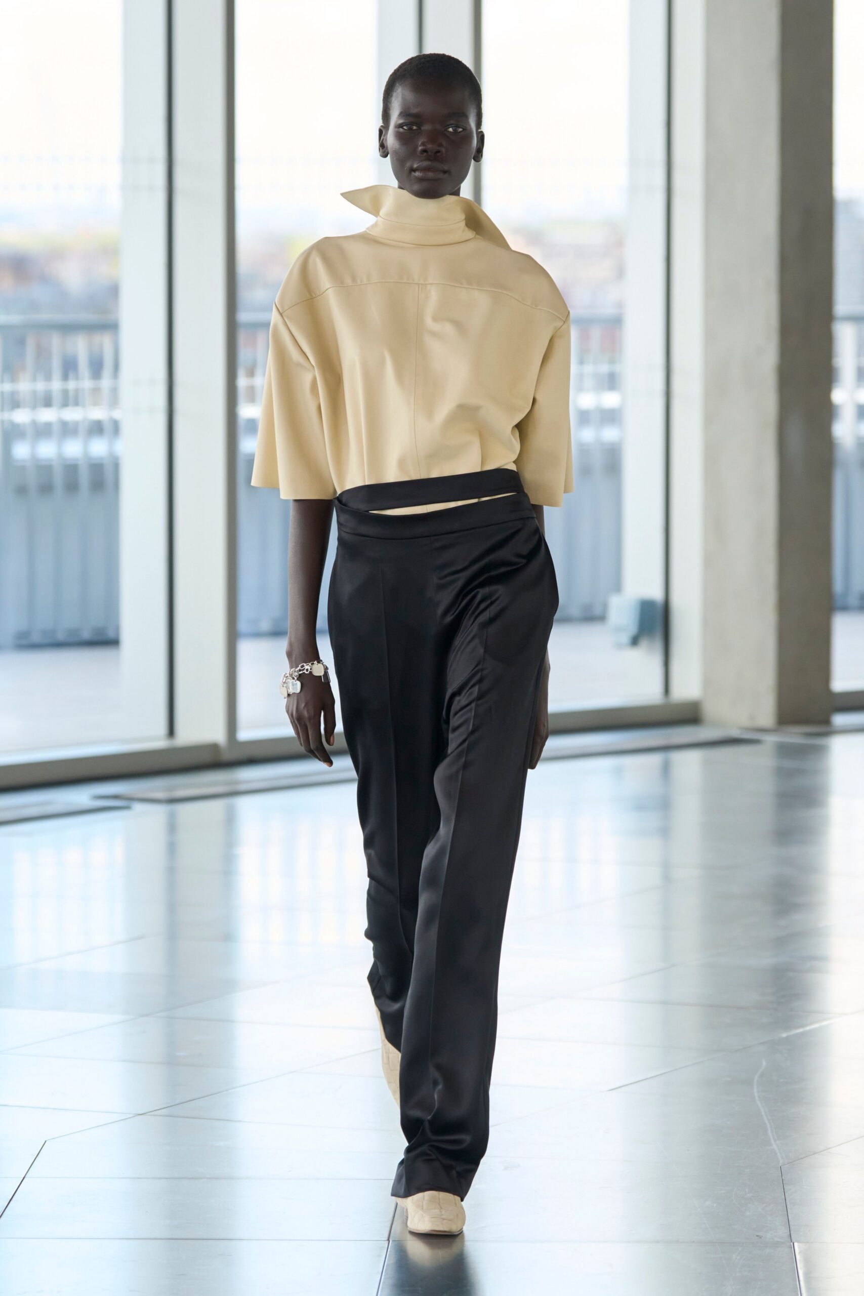 beige cotton short-sleeve high-neck relaxed top