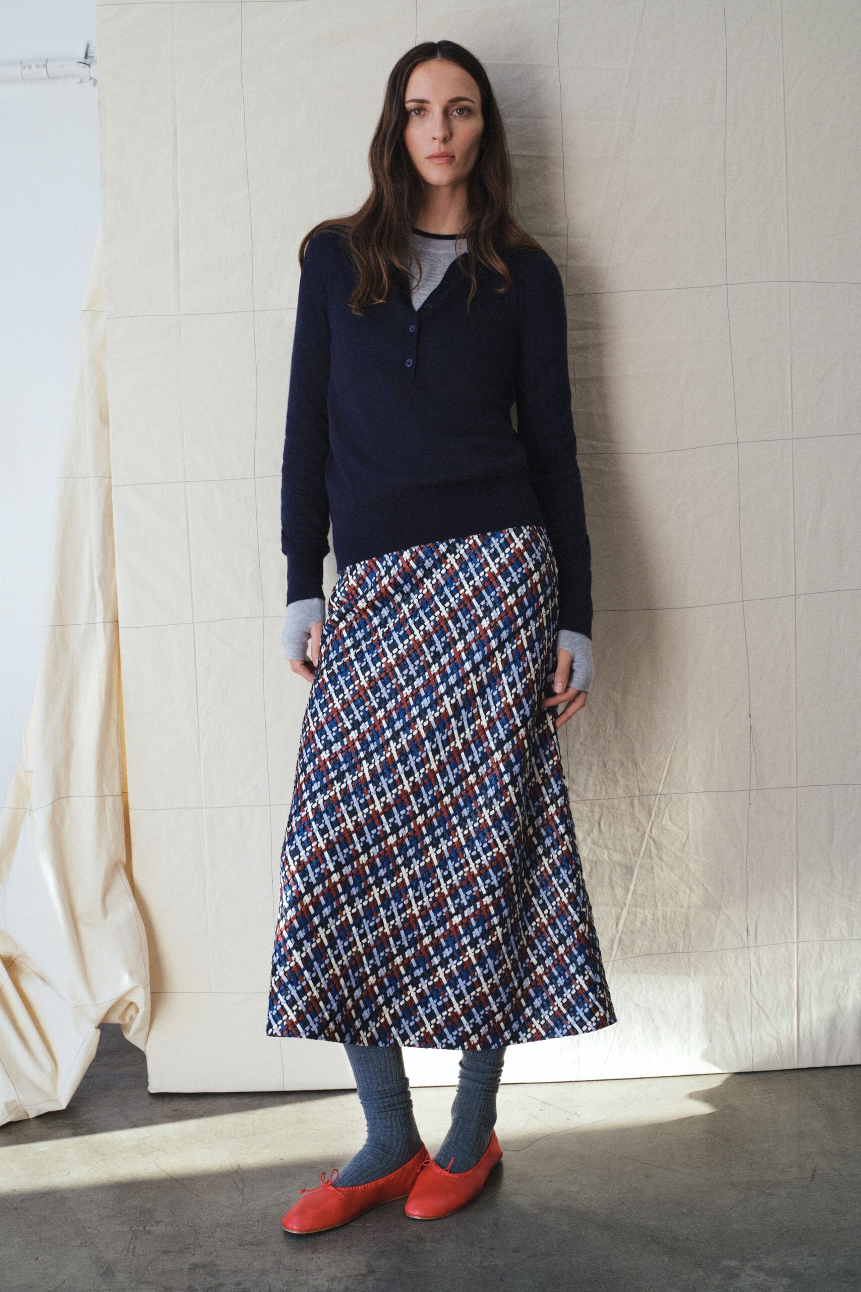 navy cardigan gray top midi skirt