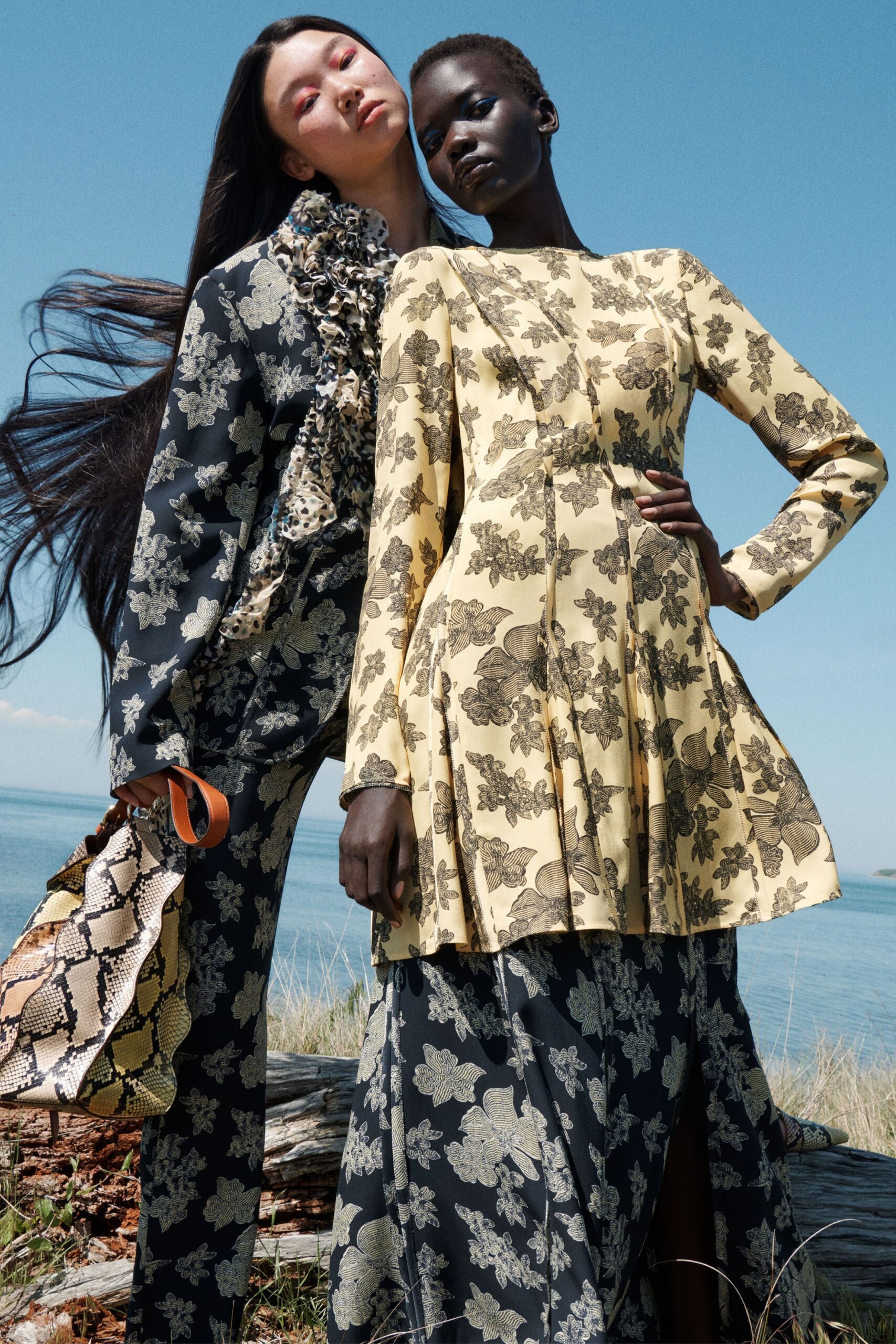 yellow silk long-sleeve v-neck fitted floral pleated dress