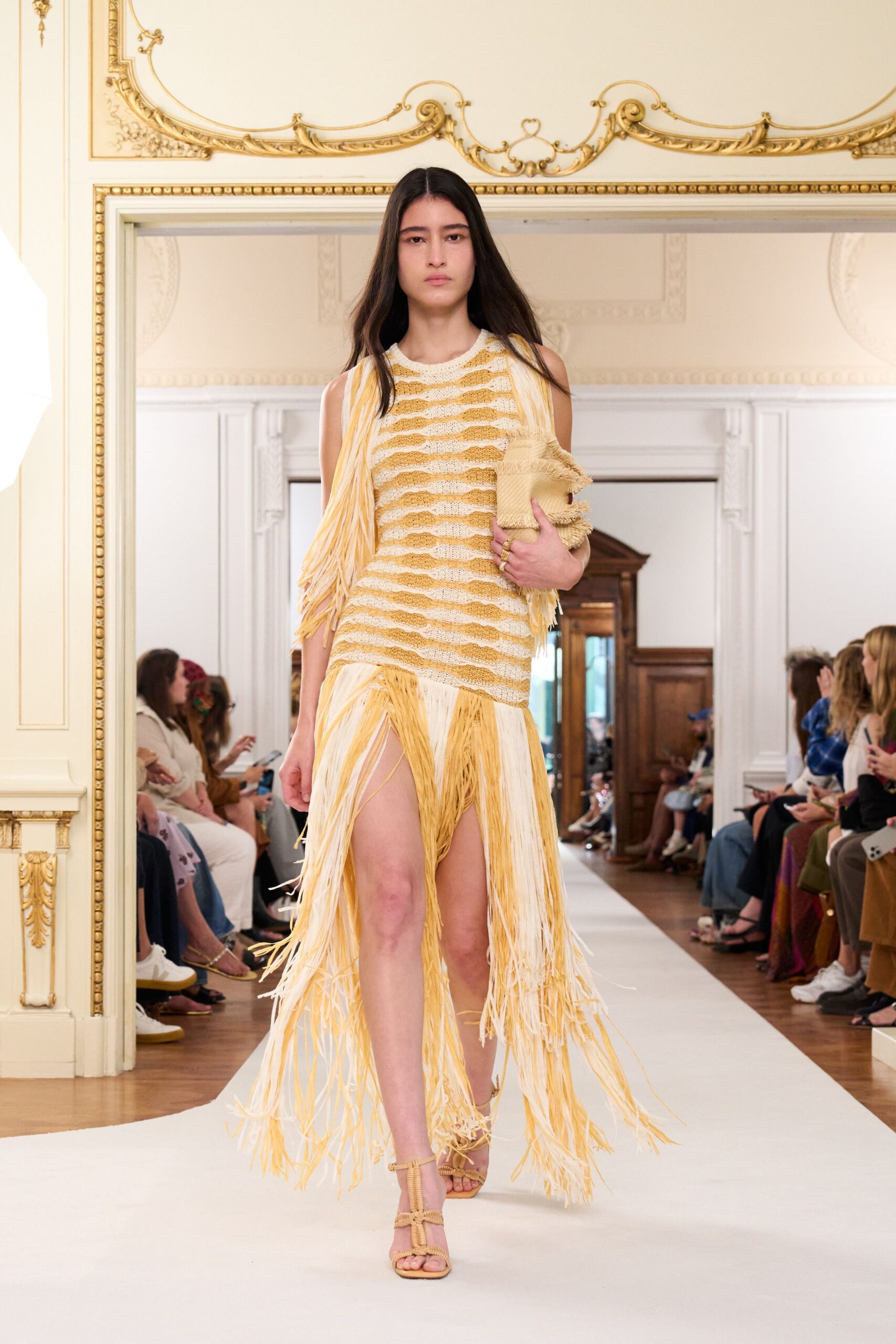 yellow cotton sleeveless high-neck fitted fringed tiered dress