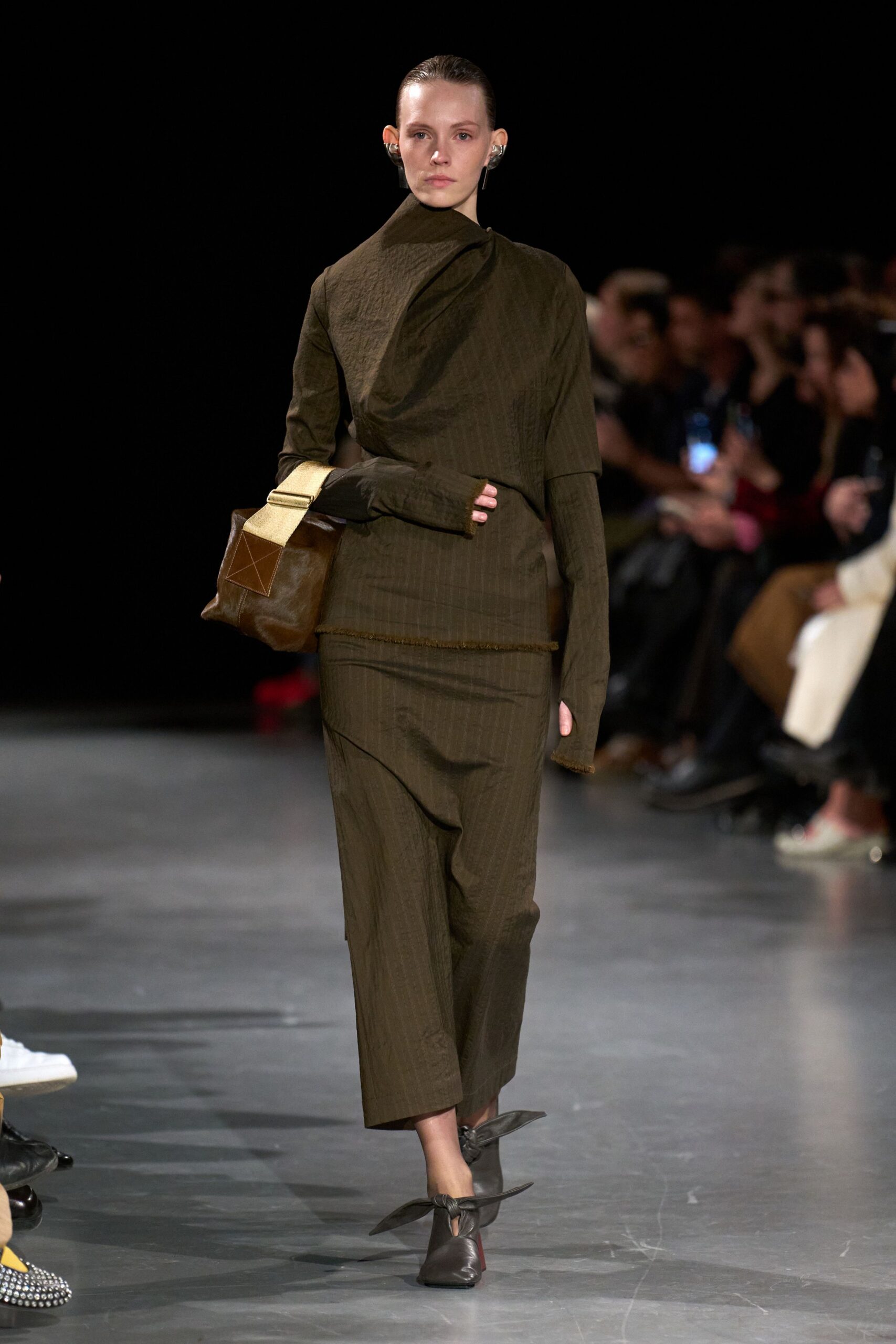 brown fitted midi dress with bag