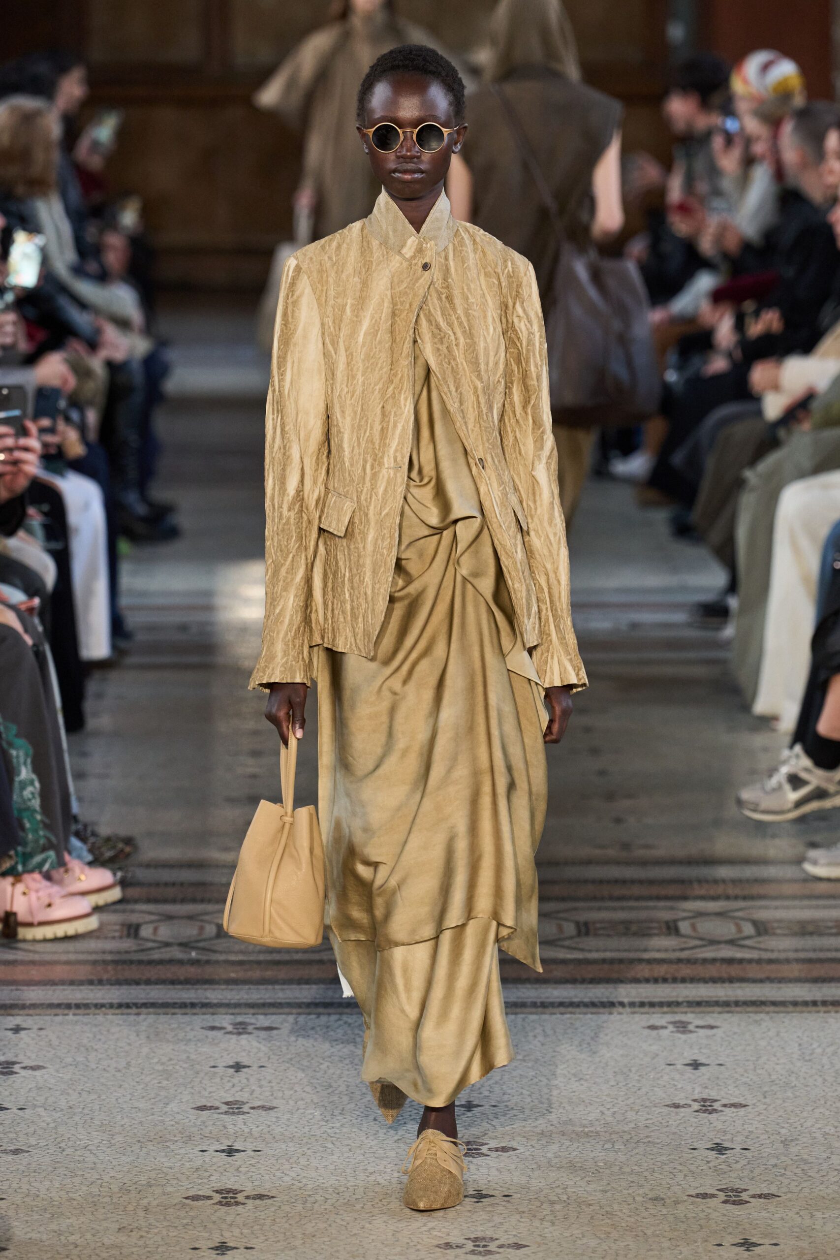 gold silk long-sleeve collared relaxed textured jacket