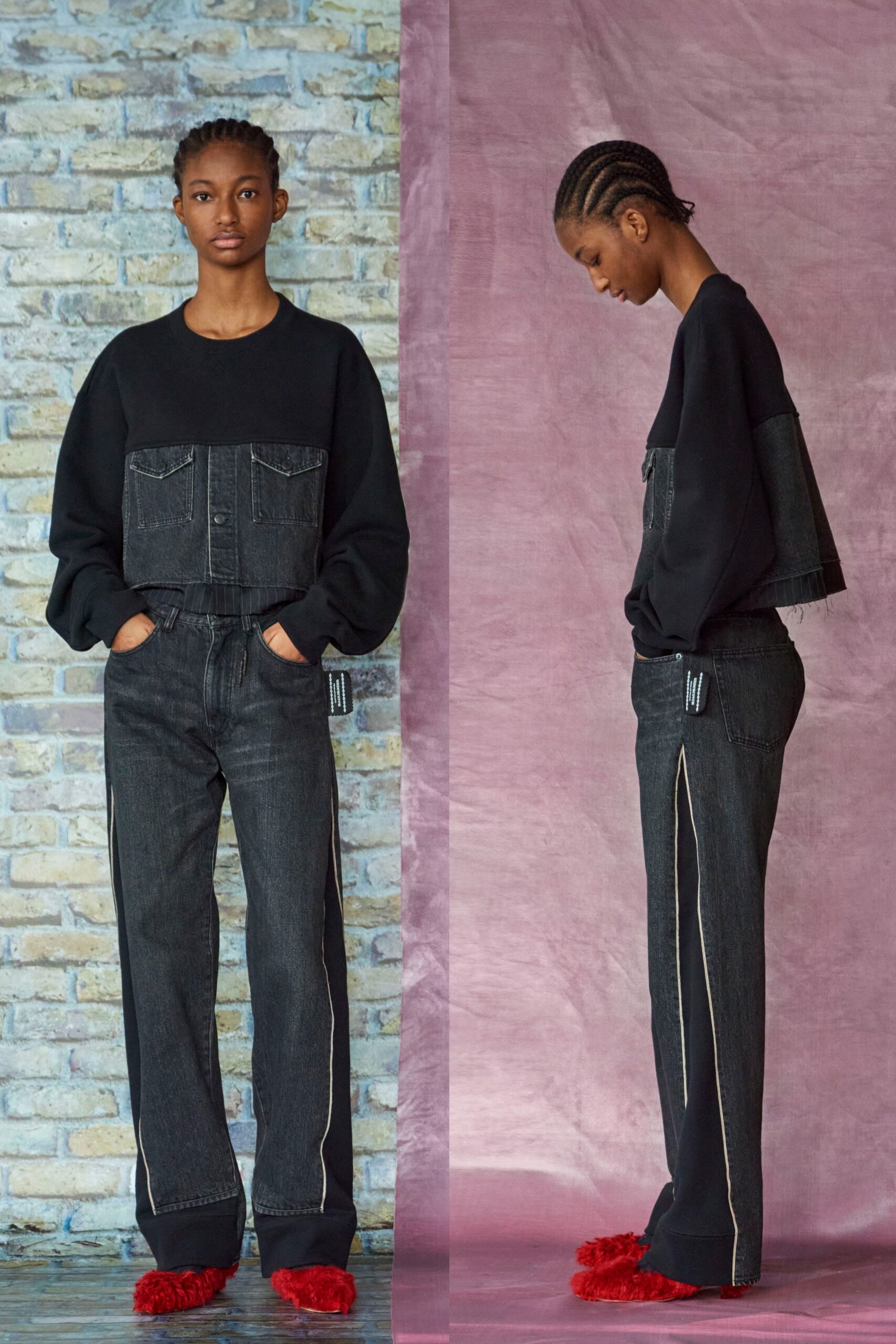 black cotton long-sleeve collared relaxed buttoned cropped top