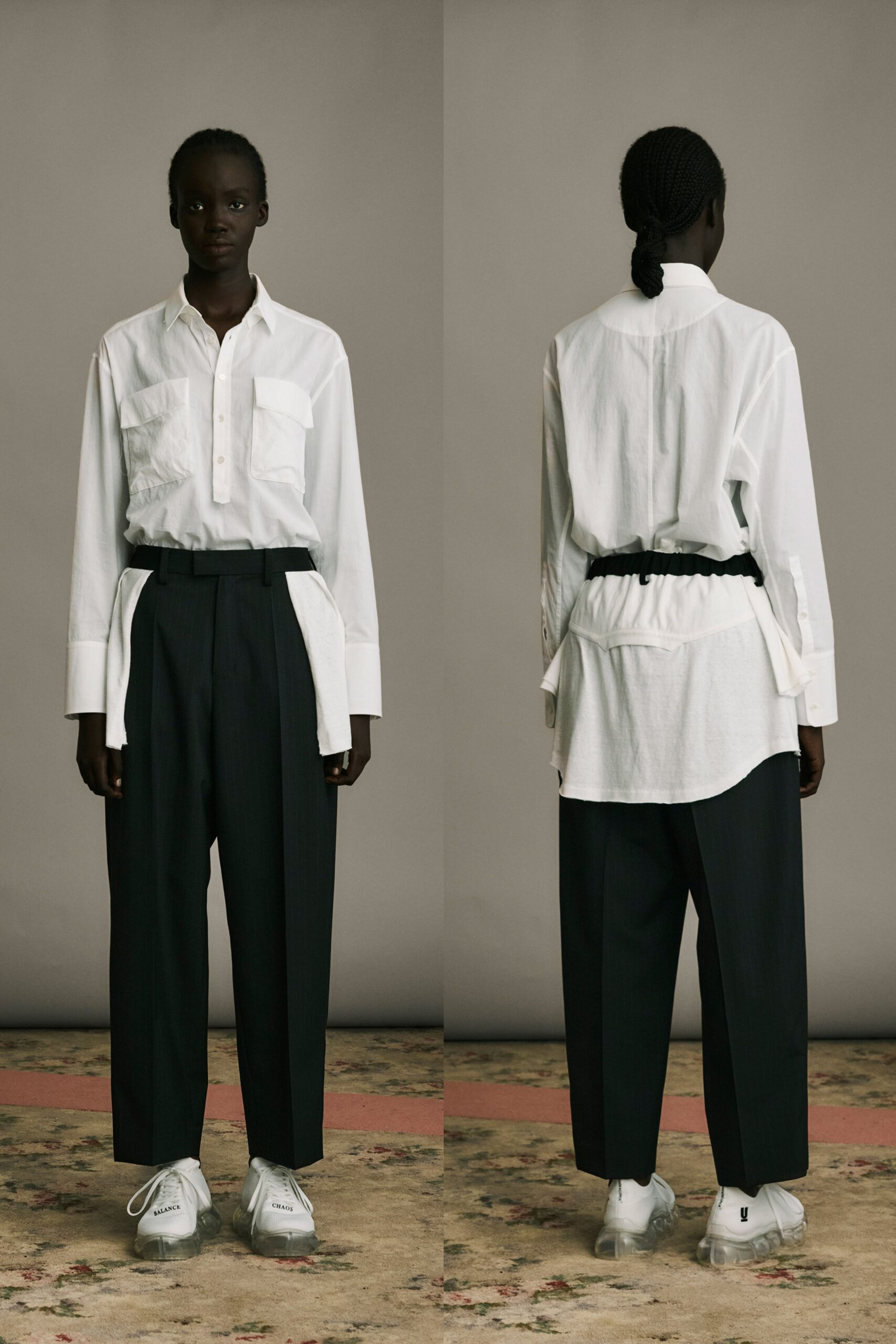 white shirt black pants outfit