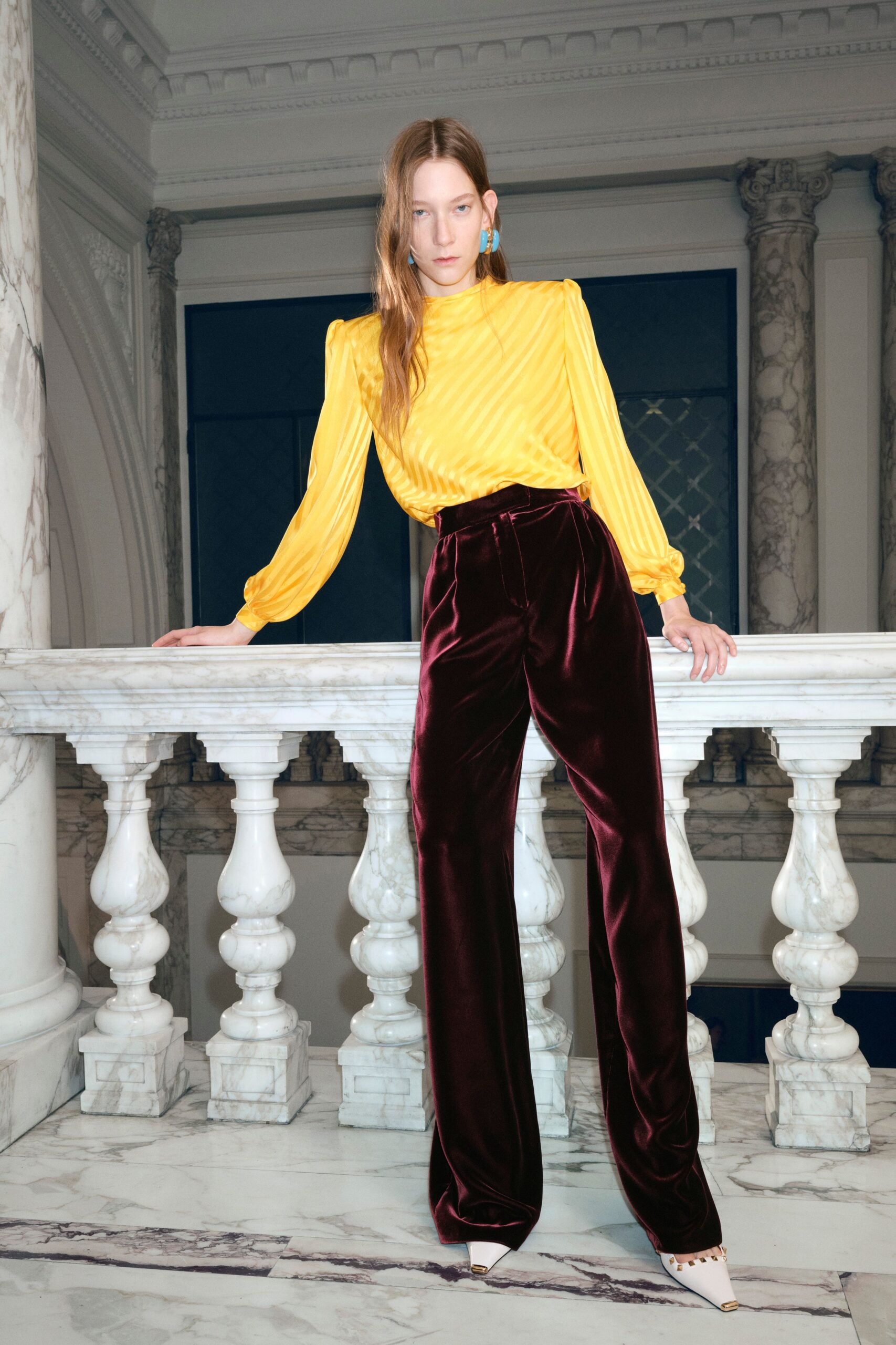 maroon velvet tailored wide-leg pants