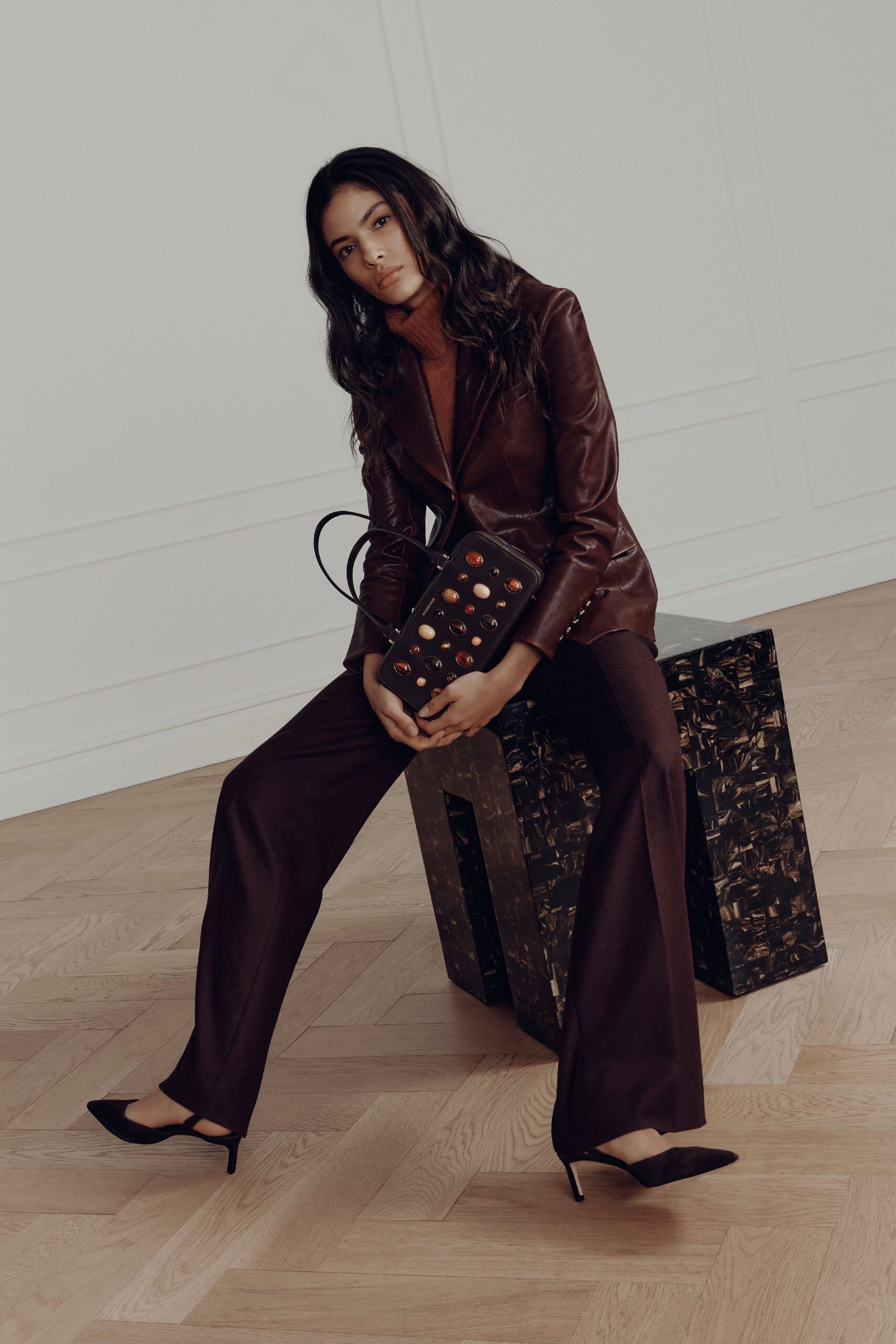 brown leather blazer with fitted top