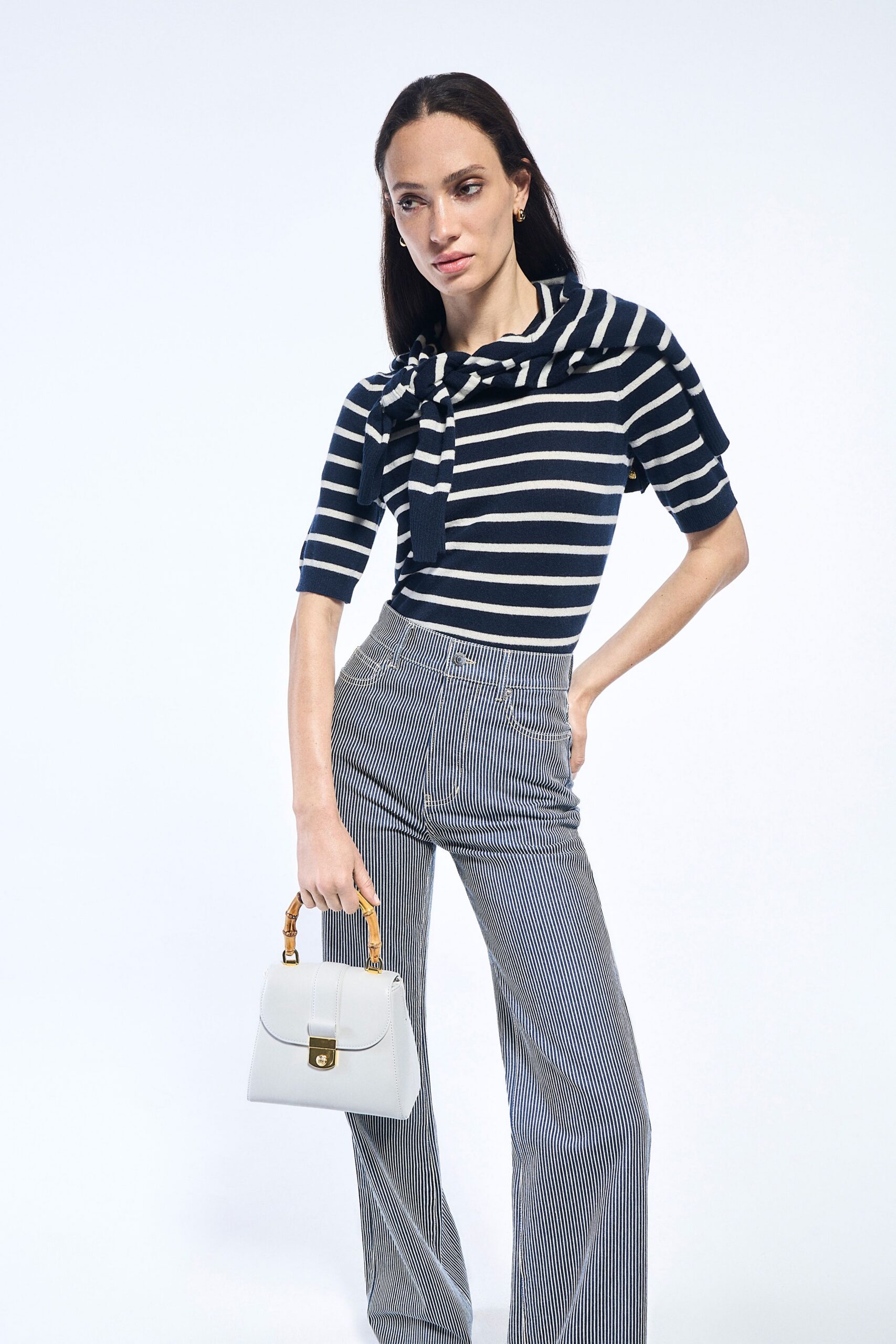 gray fitted striped wide-leg pants