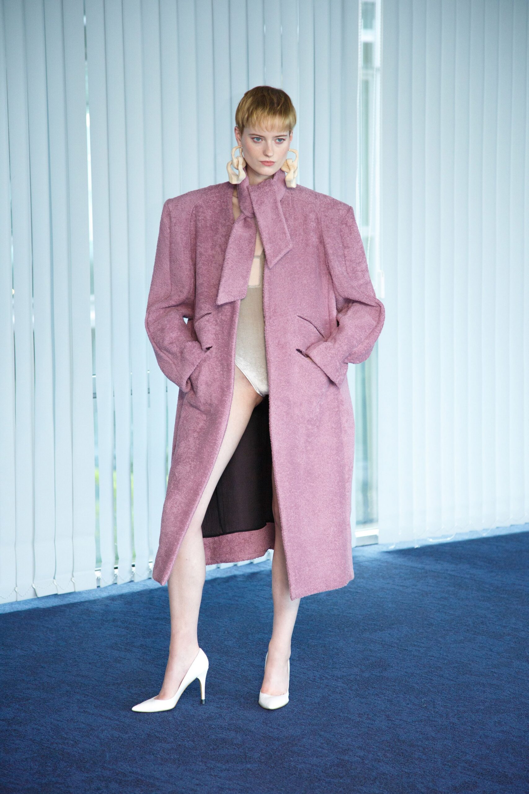 pink suede long-sleeve collared oversized pockets coat