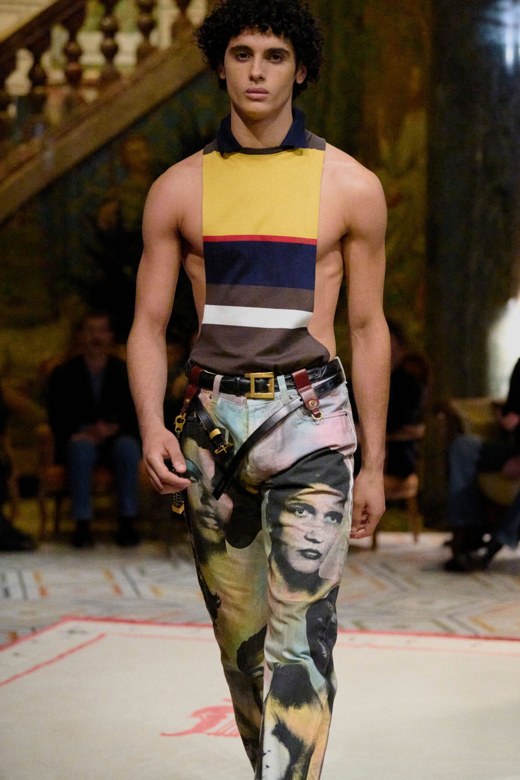 multi-colored sleeveless top and printed pants