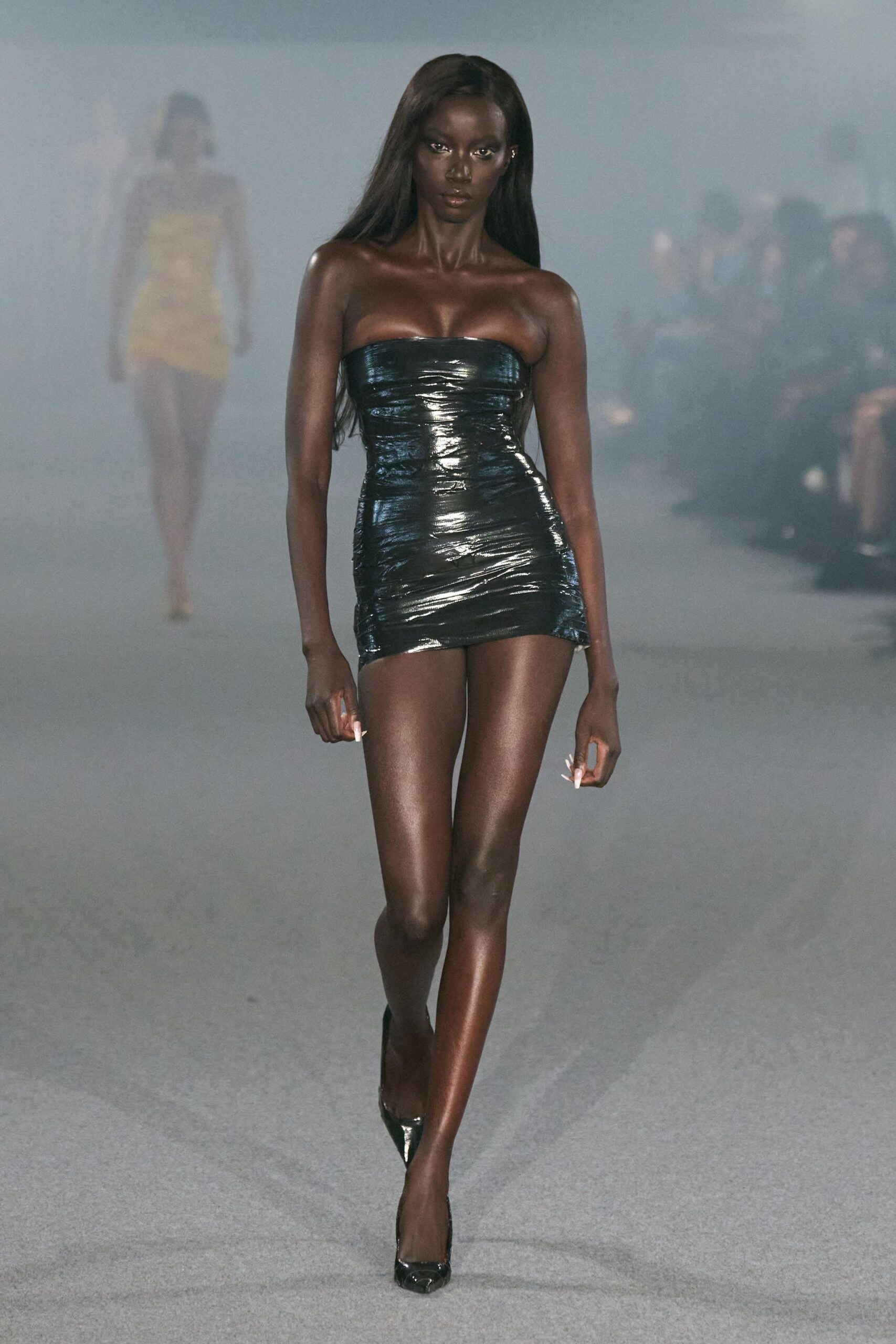 black vinyl strapless mini-dress