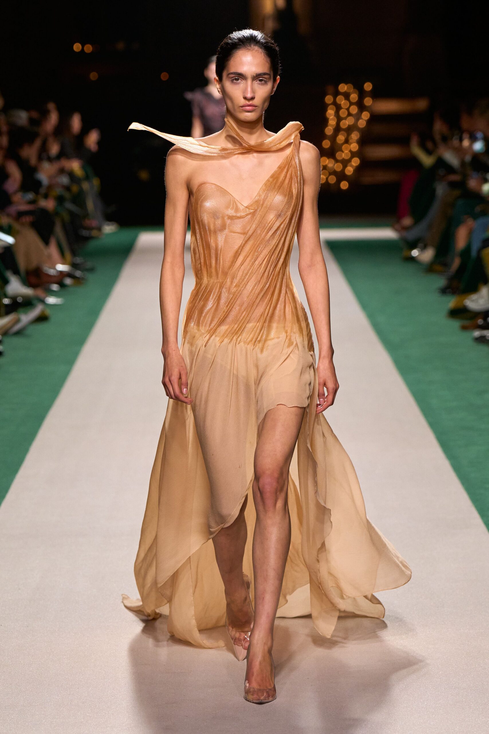beige silk sleeveless v-neck fitted draped gown