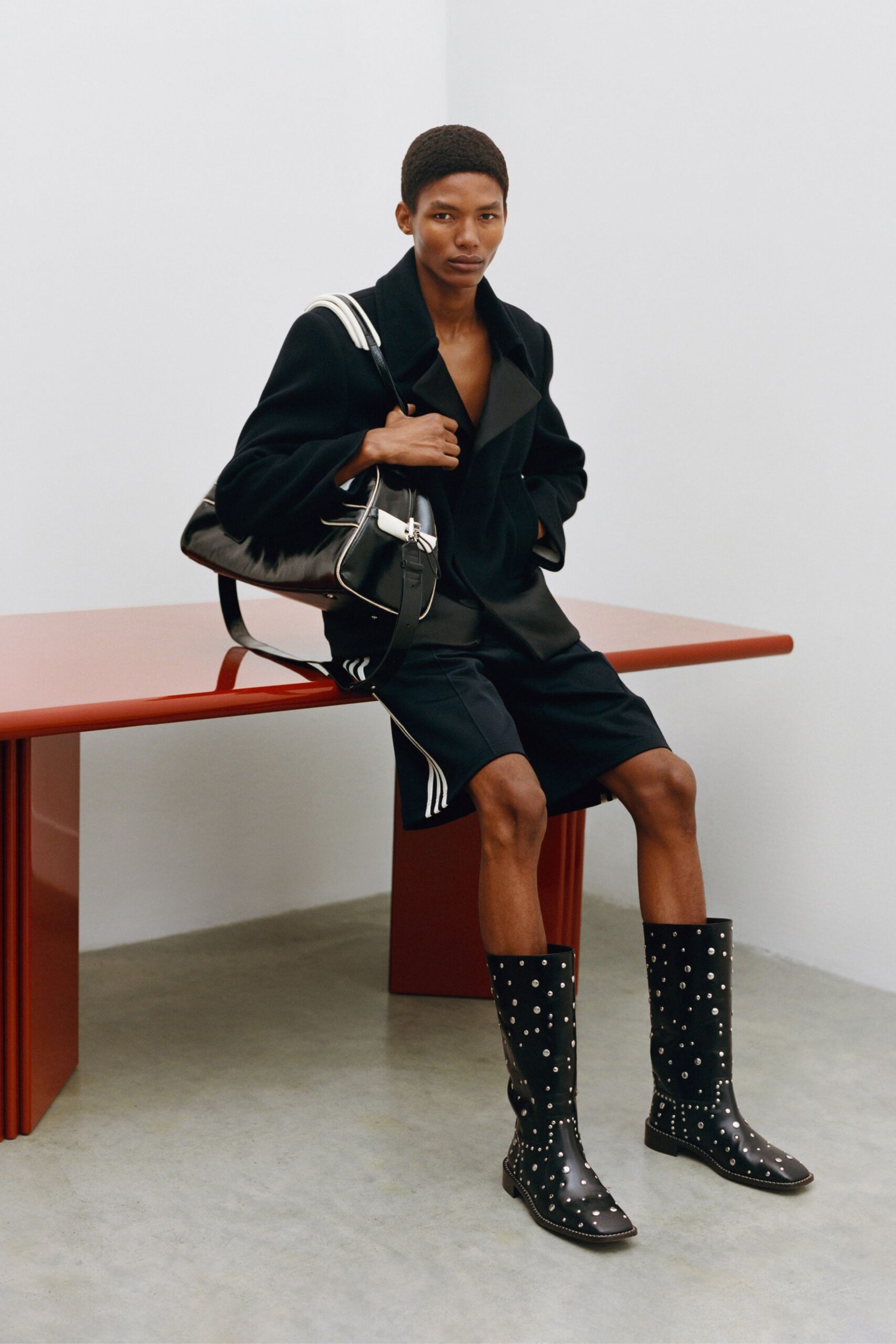 black wool coat with shorts