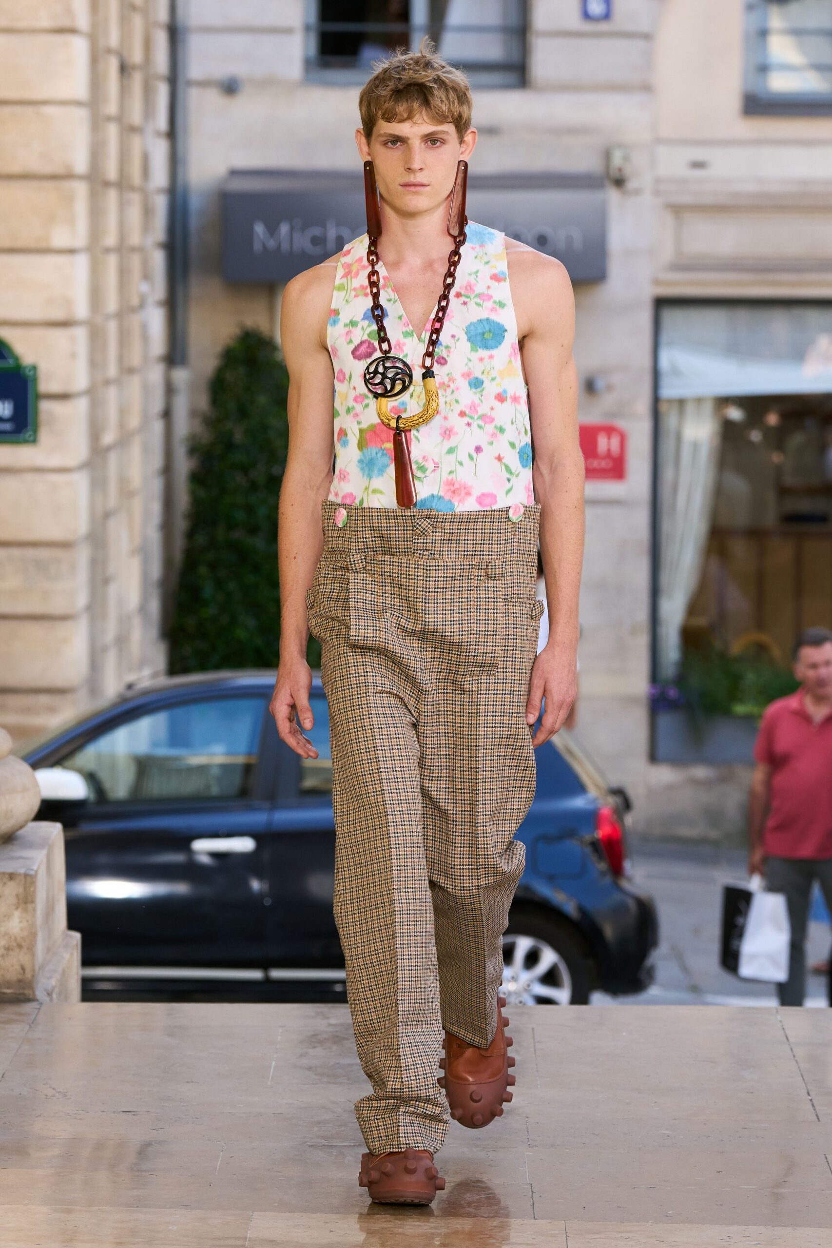 floral tank-top and checked pants