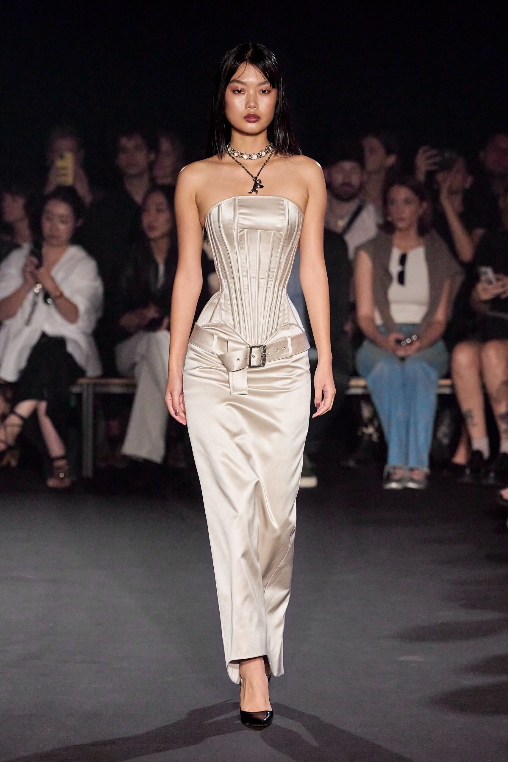 beige satin strapless fitted pencil belted midi gown
