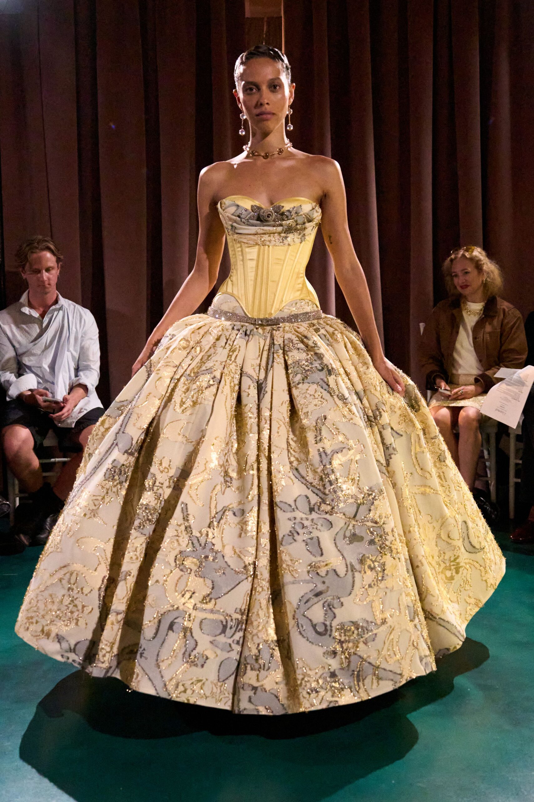 yellow embroidered strapless gown