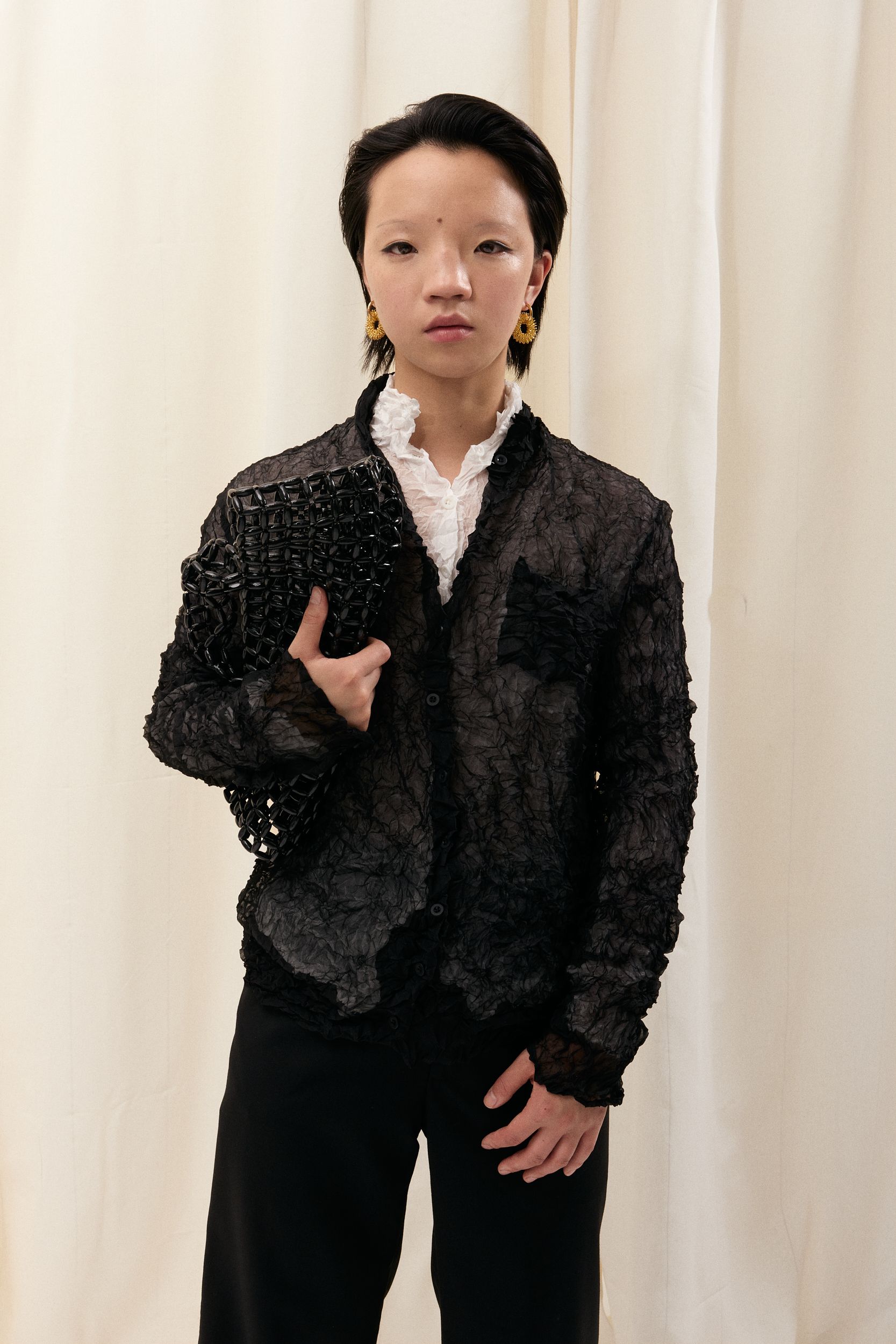 black cotton long-sleeve collared relaxed ruffled textured shirt