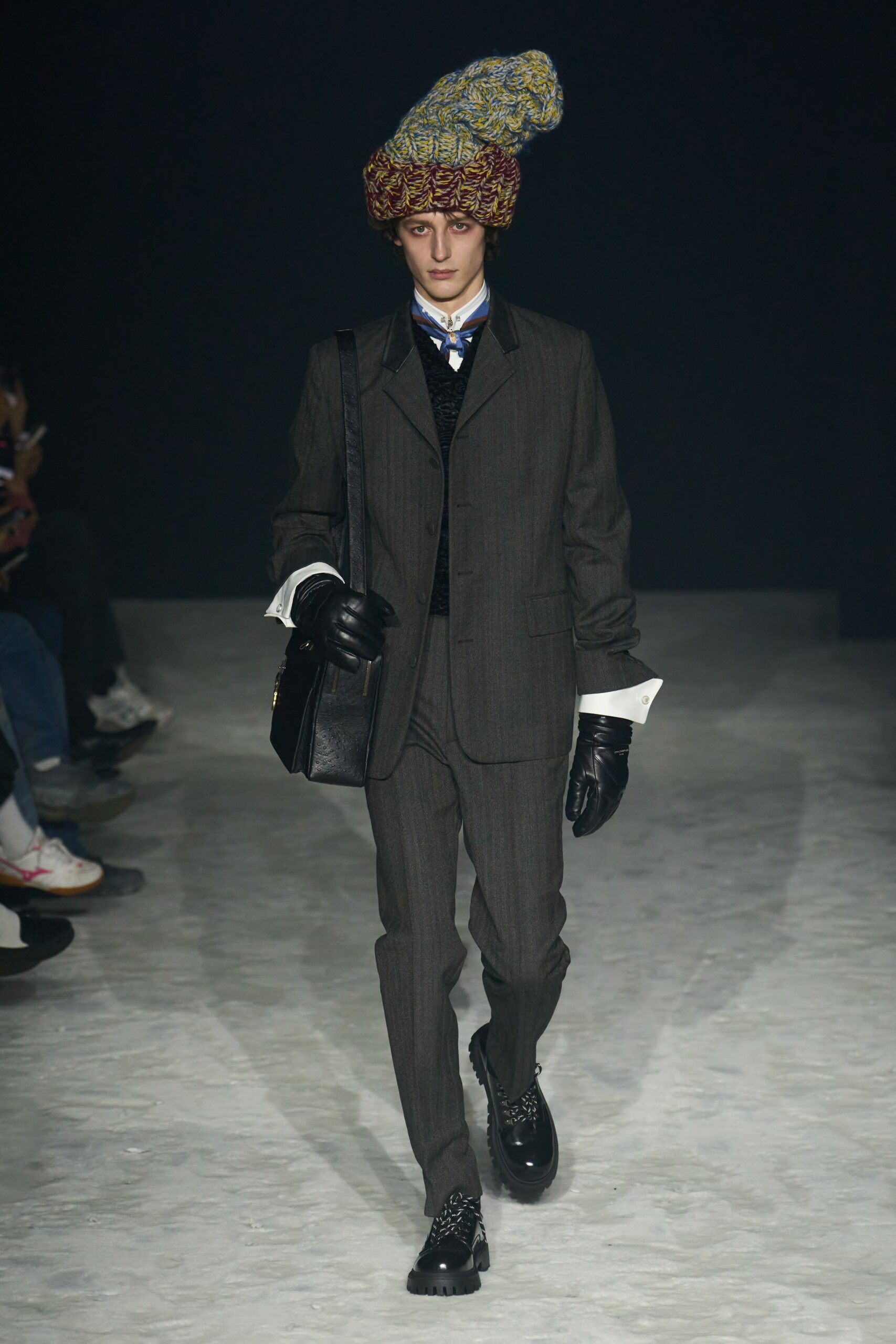 gray tailored suit with accessories