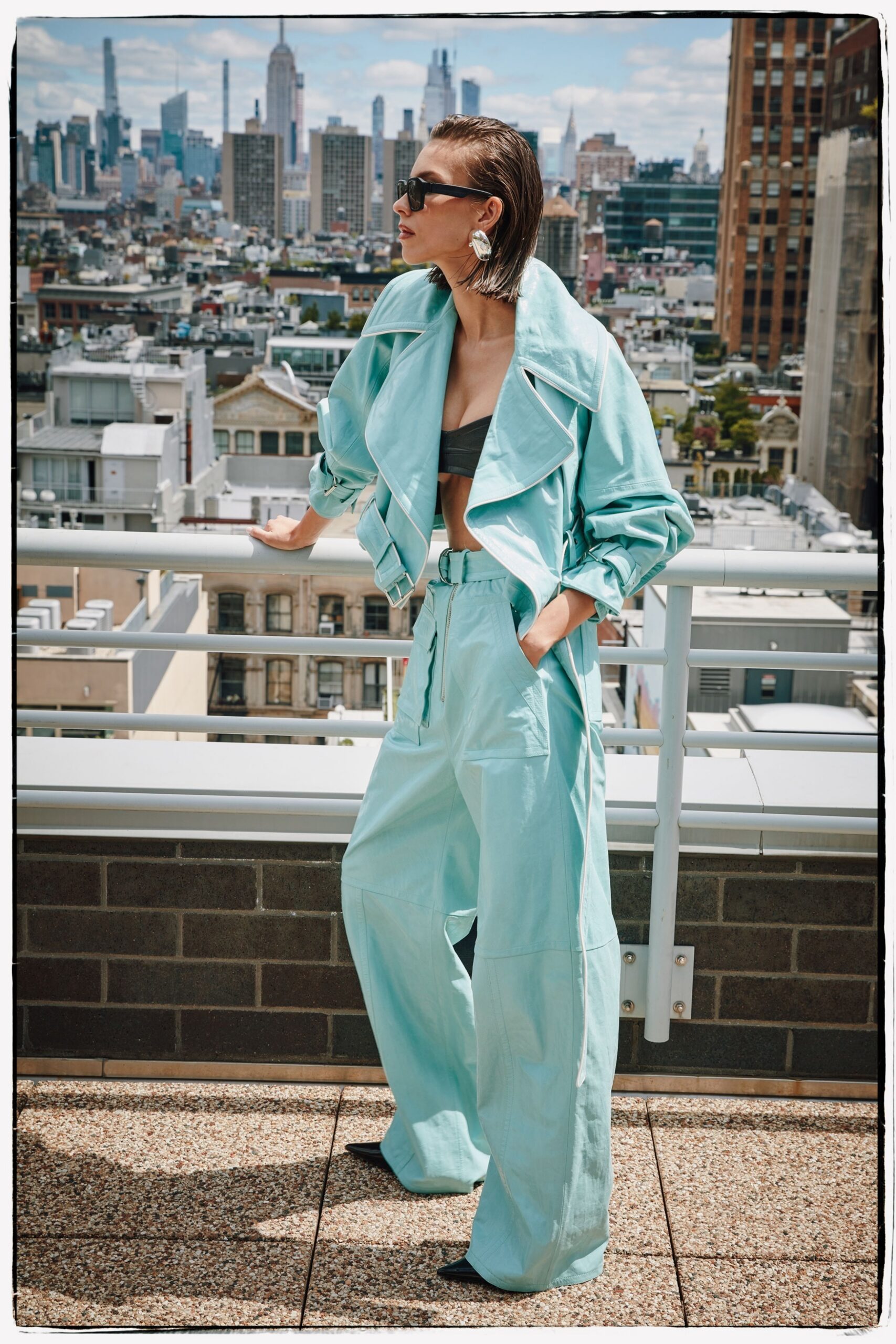 teal cotton long-sleeve collared relaxed zippered jacket