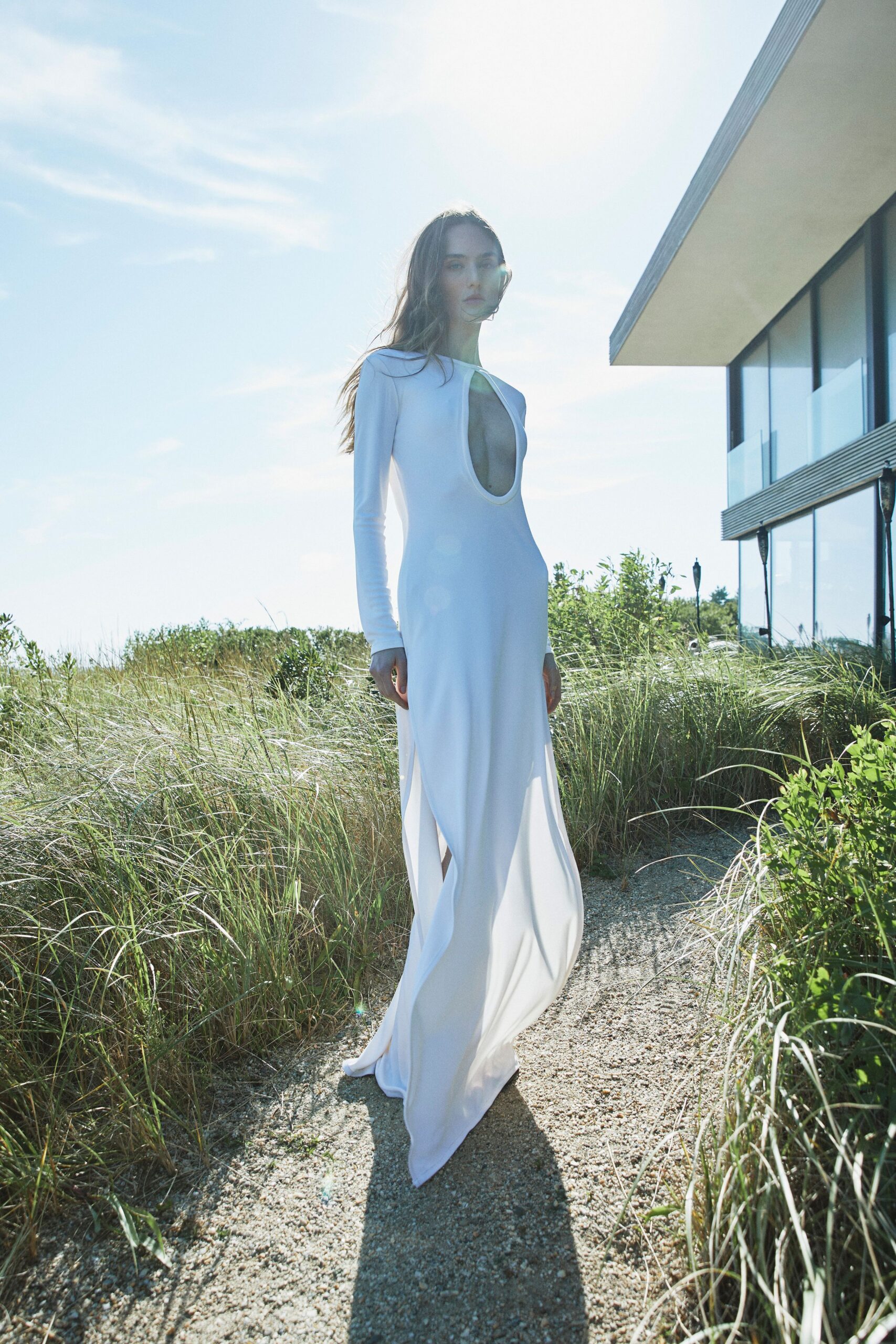 white silk fitted gown