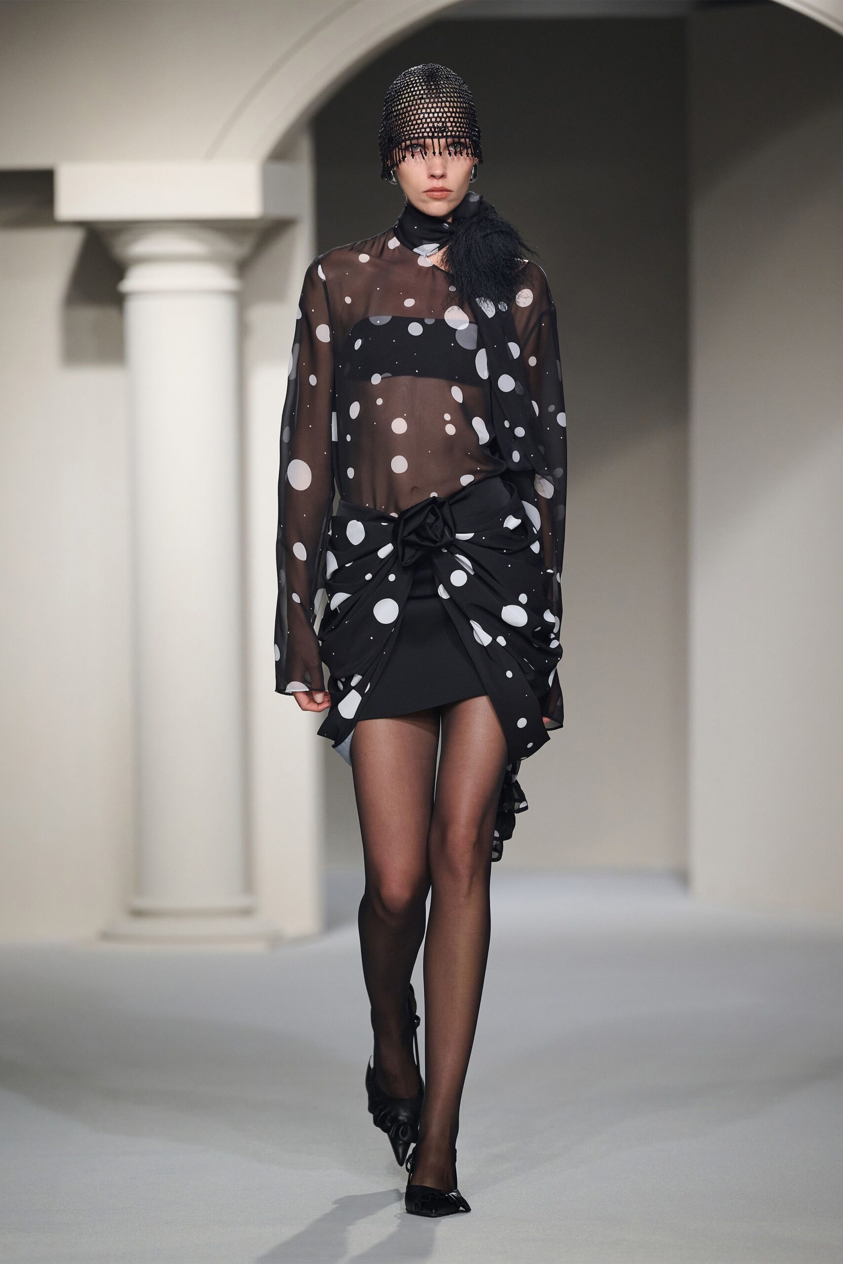 black chiffon long-sleeve v-neck relaxed polka-dot top