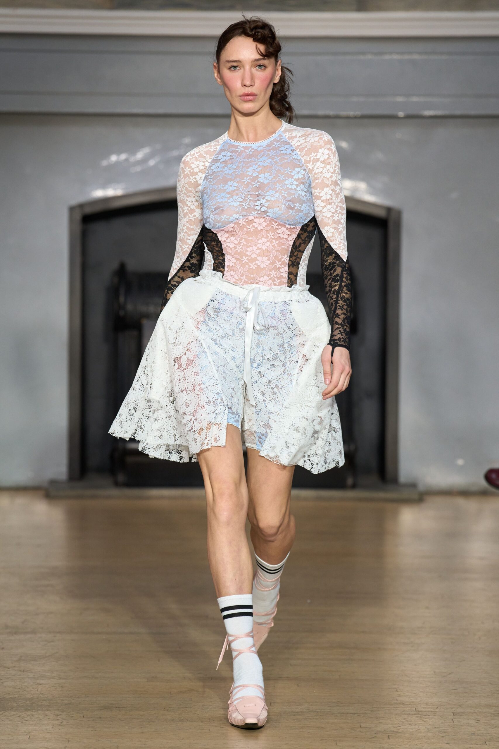 white lace long-sleeve v-neck fitted layered pleated dress