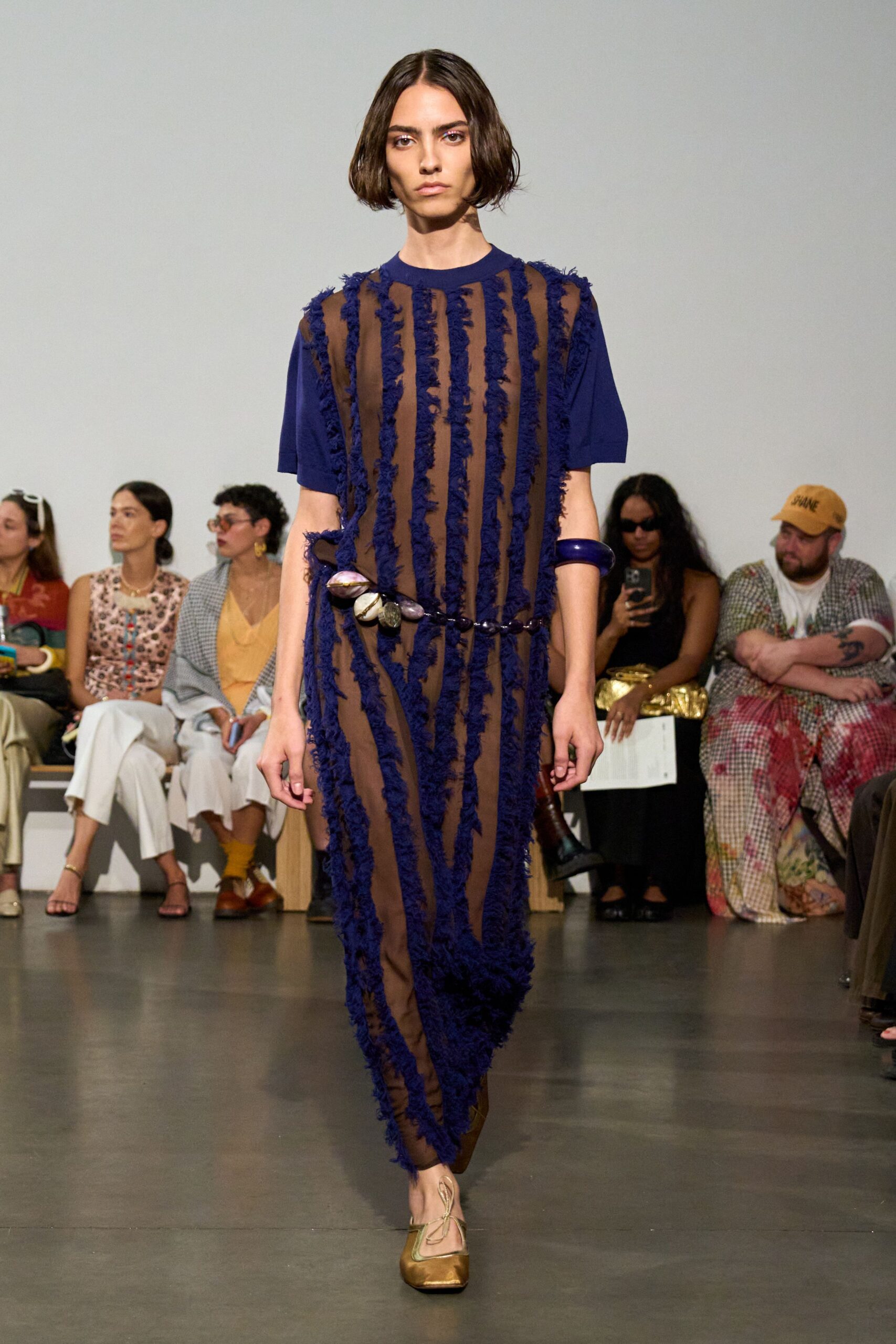 blue silk short-sleeve v-neck fitted striped ruffled dress