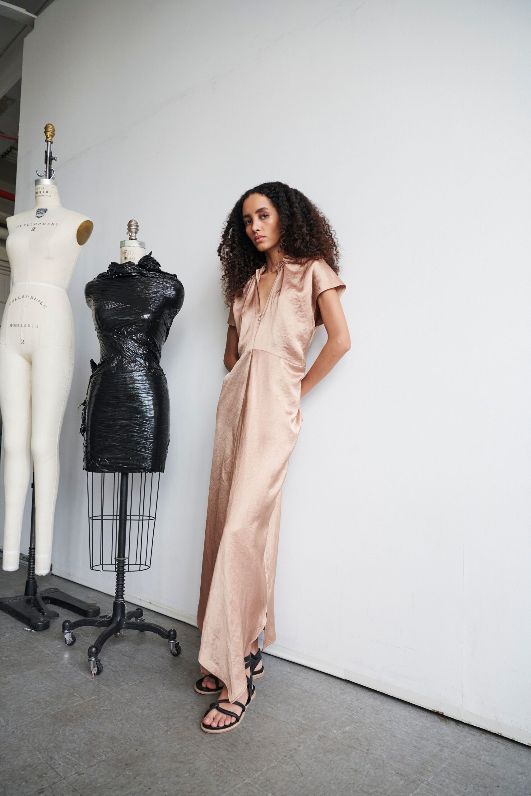 beige silk fitted maxi dress