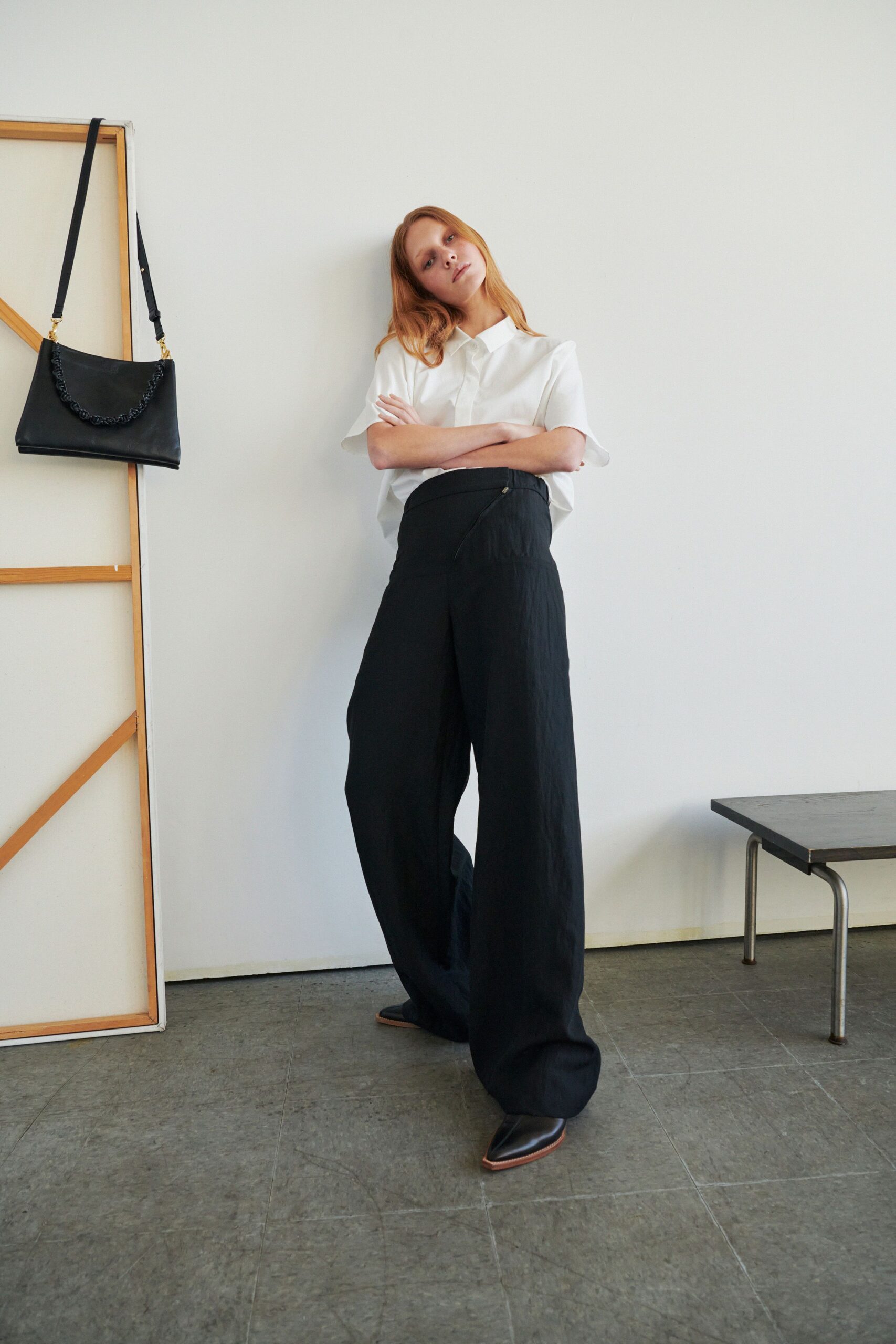 white shirt black wide-leg pants