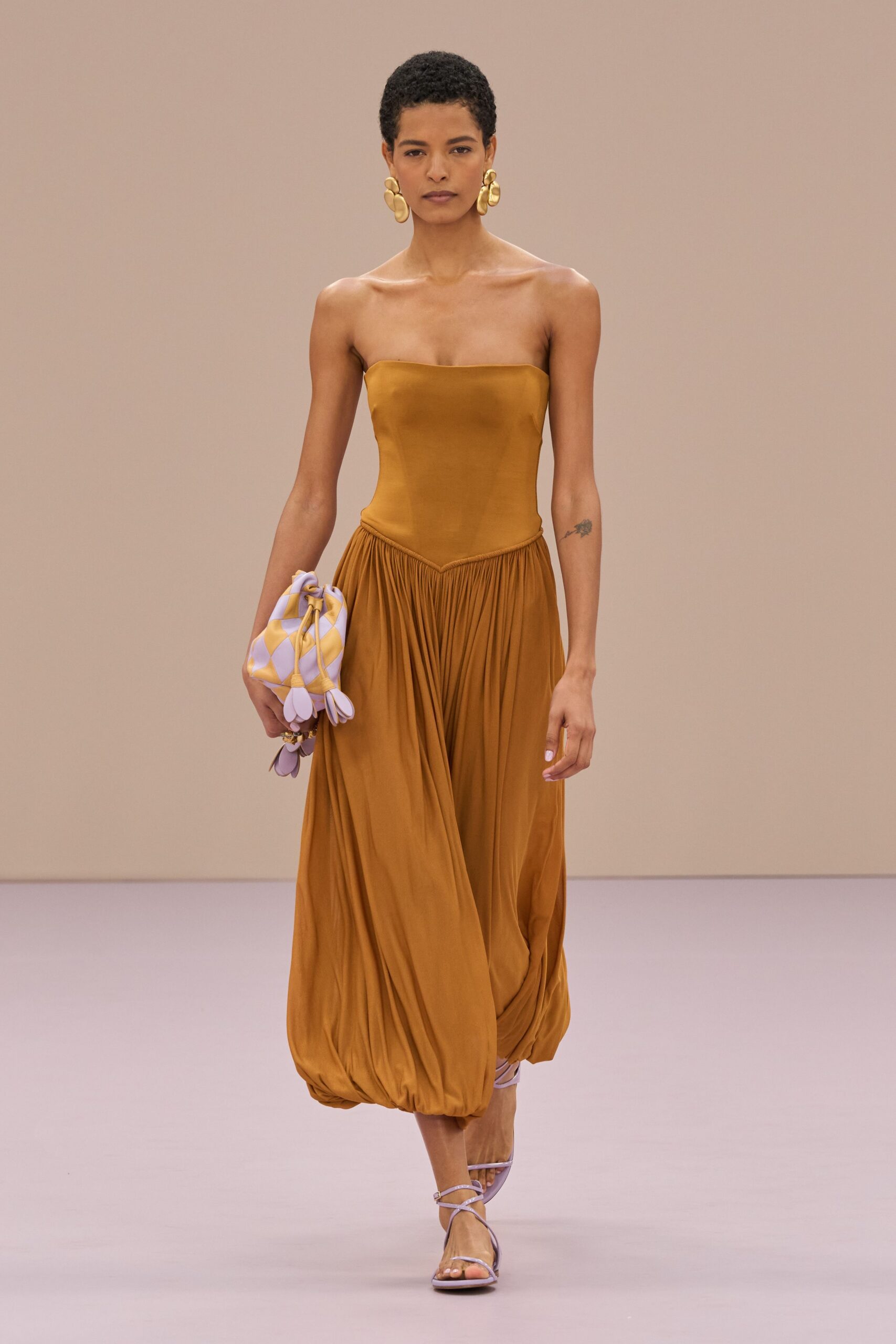 brown silk strapless fitted pleated midi dress
