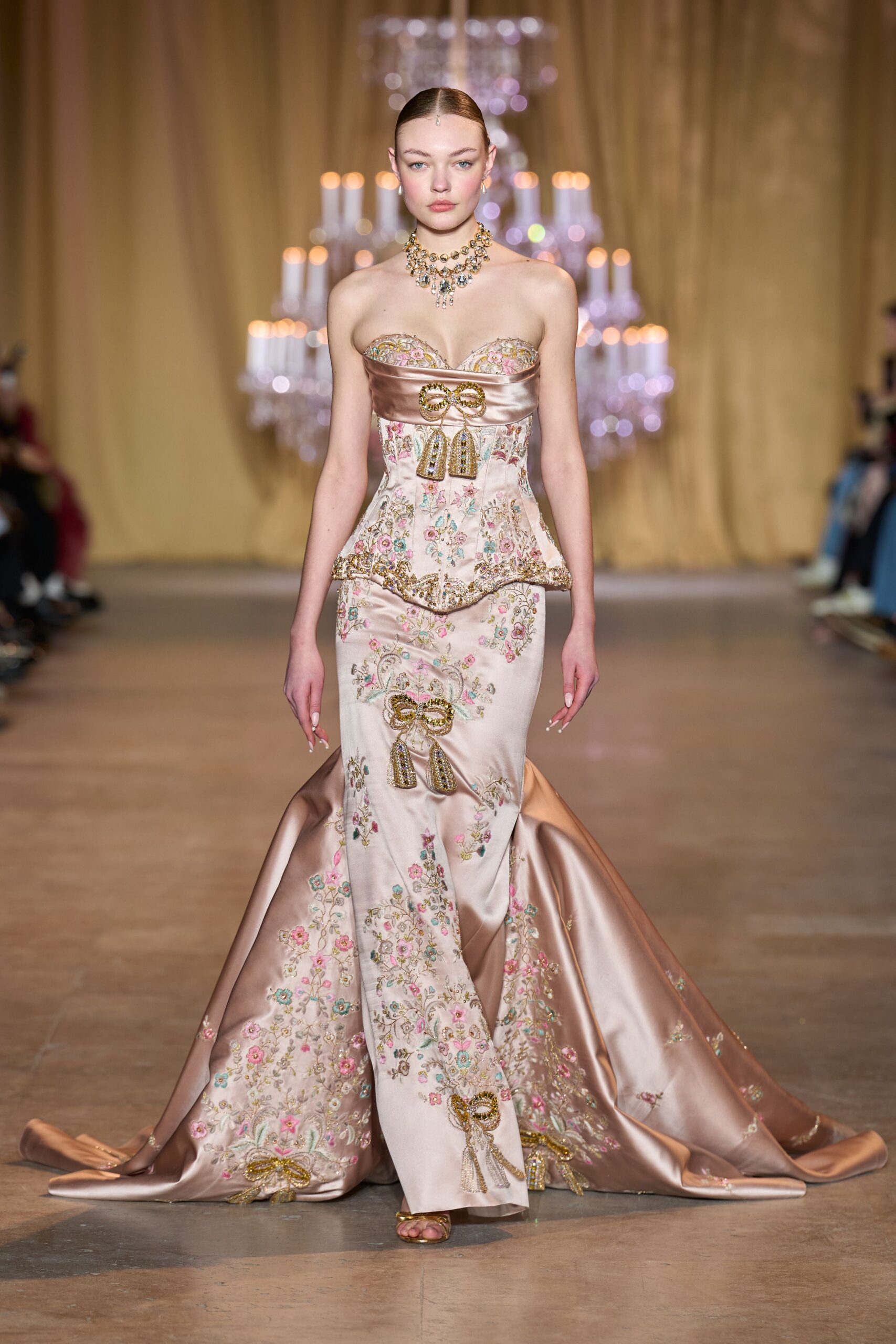 pink gold embroidered strapless gown