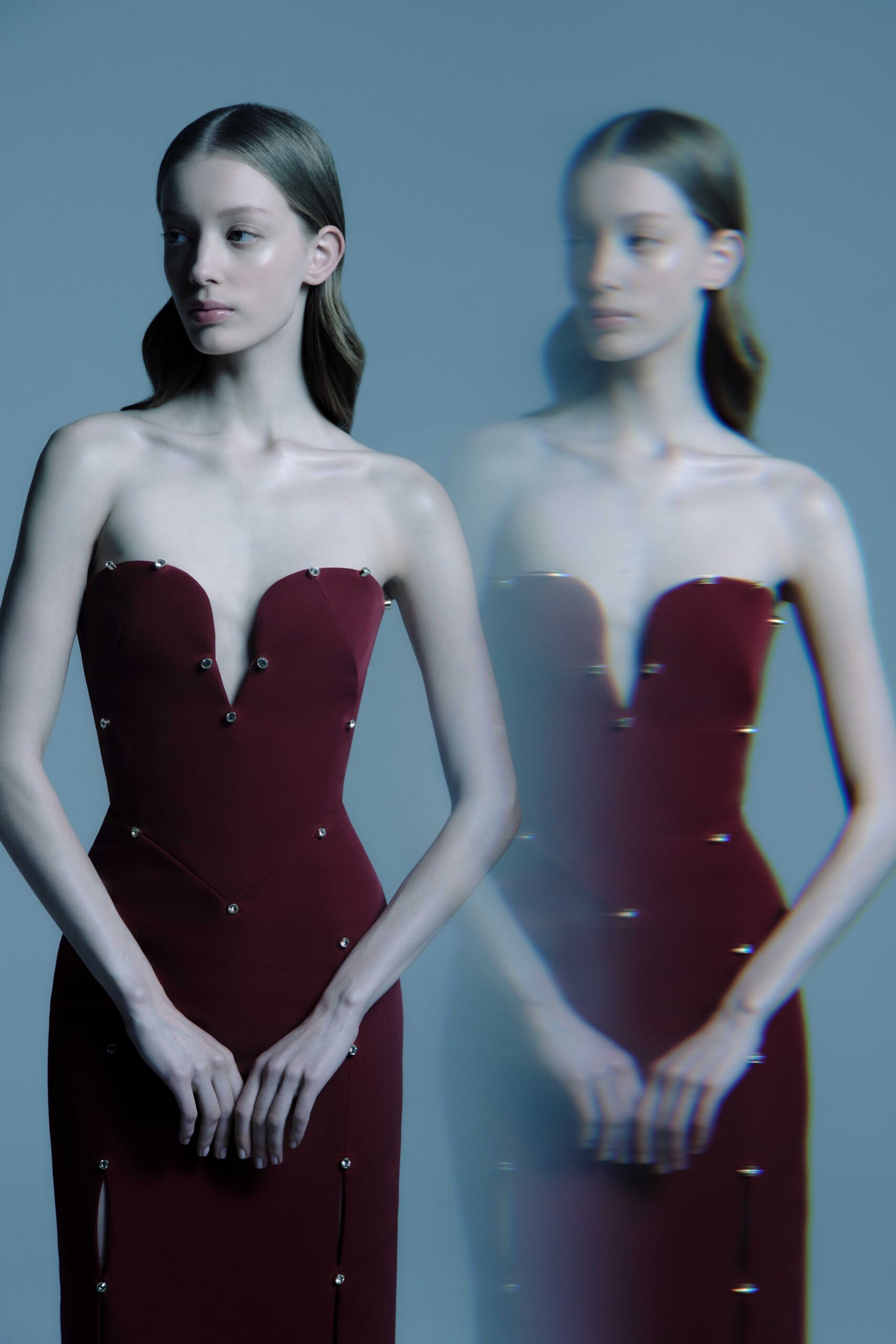 red silk strapless gown