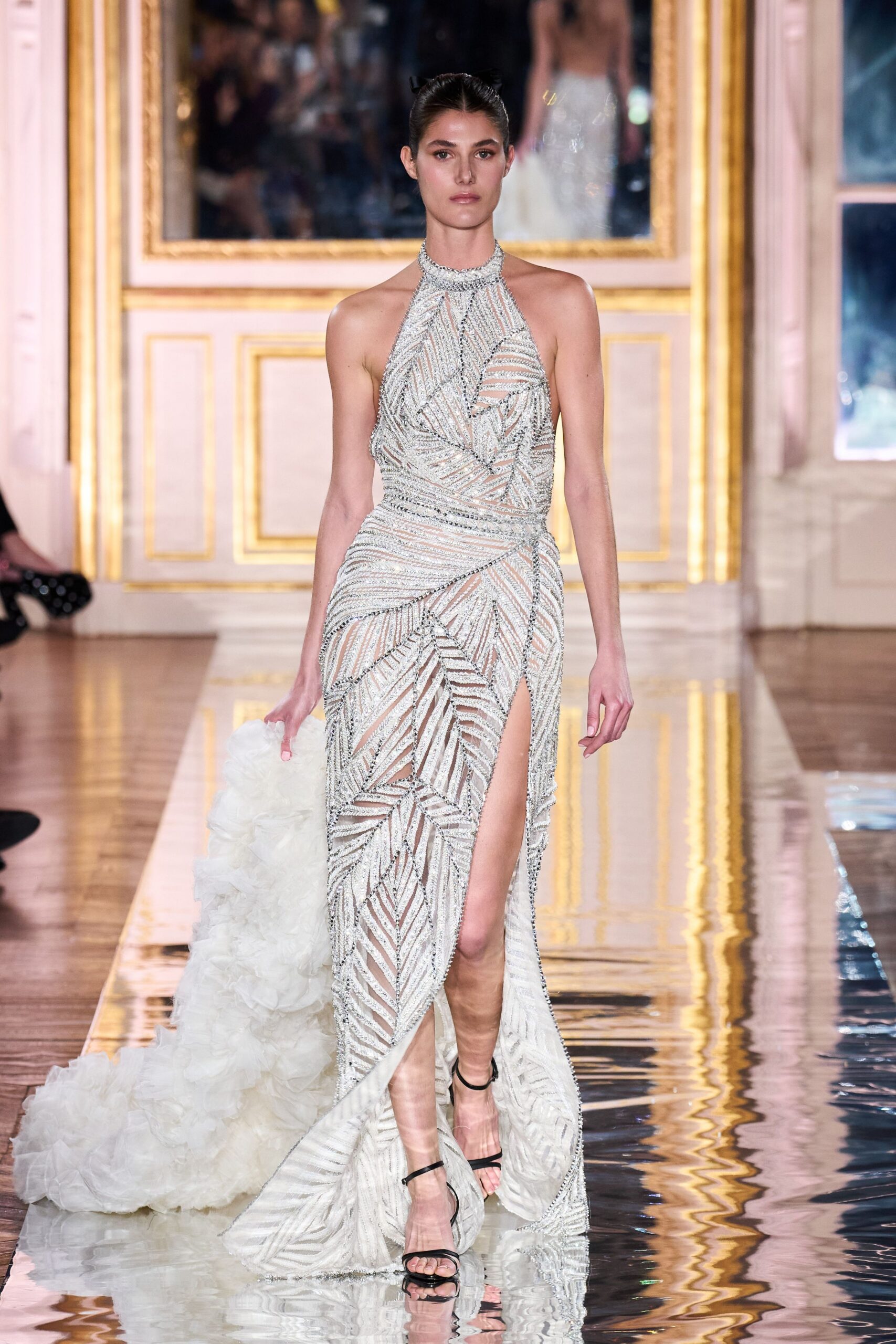 white silk sleeveless high-neck fitted embroidered shiny gown
