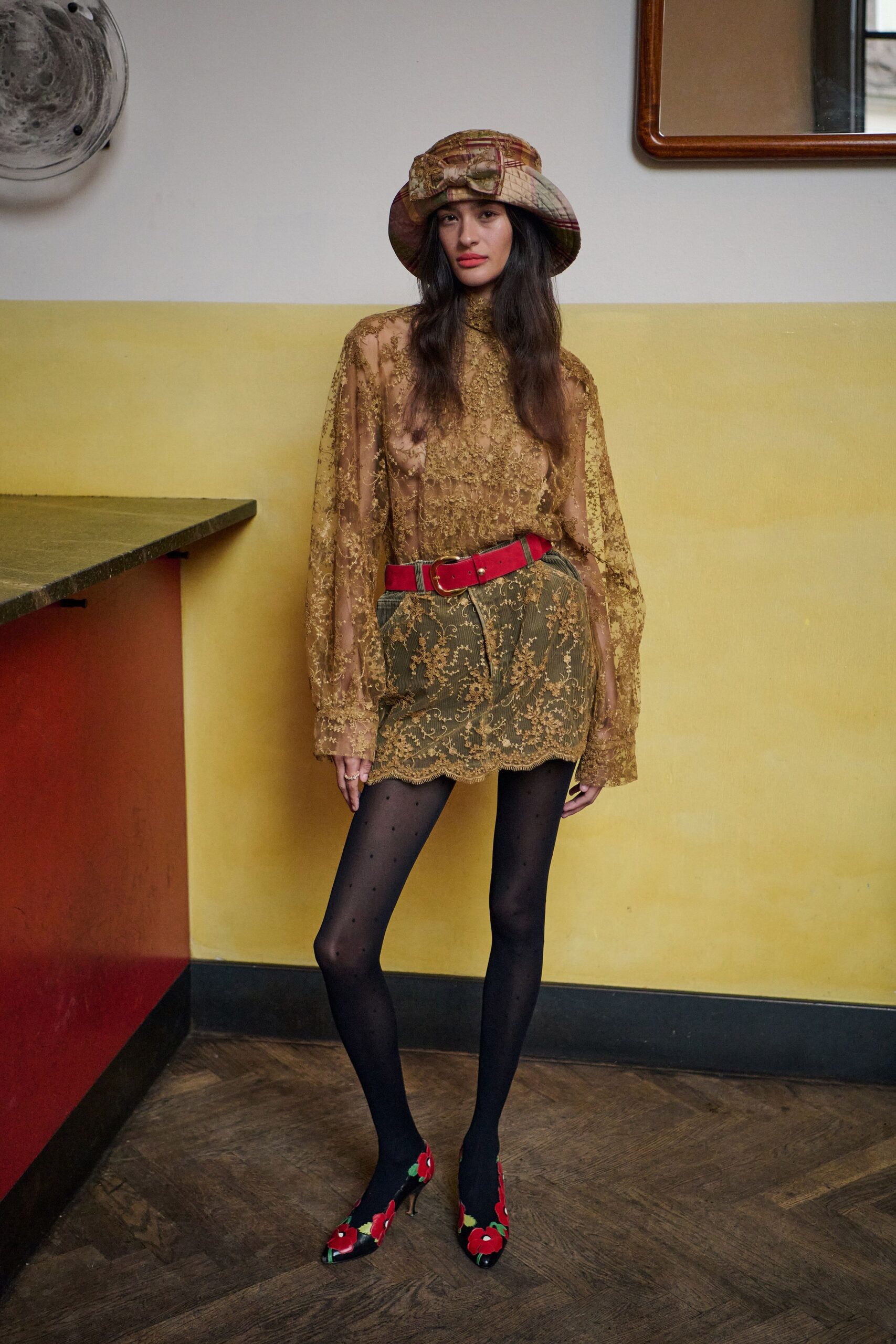 green cotton fitted pleated mini skirt