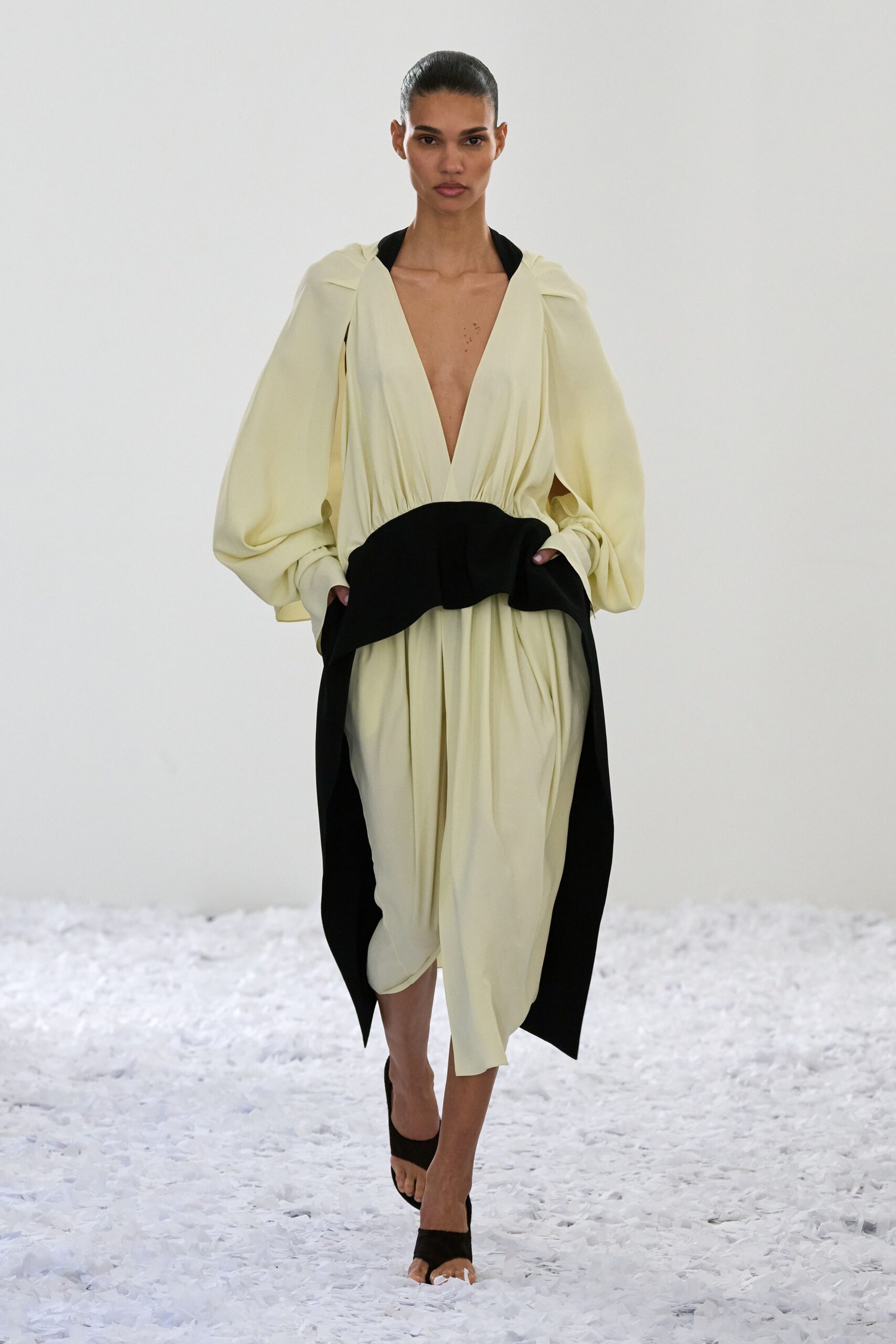 yellow silk long-sleeve v-neck relaxed draped midi dress