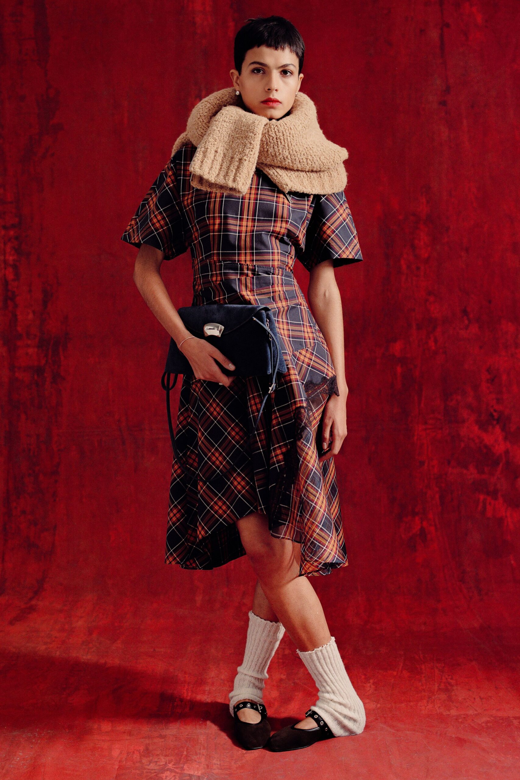 blue cotton short-sleeve collared fitted checked midi dress