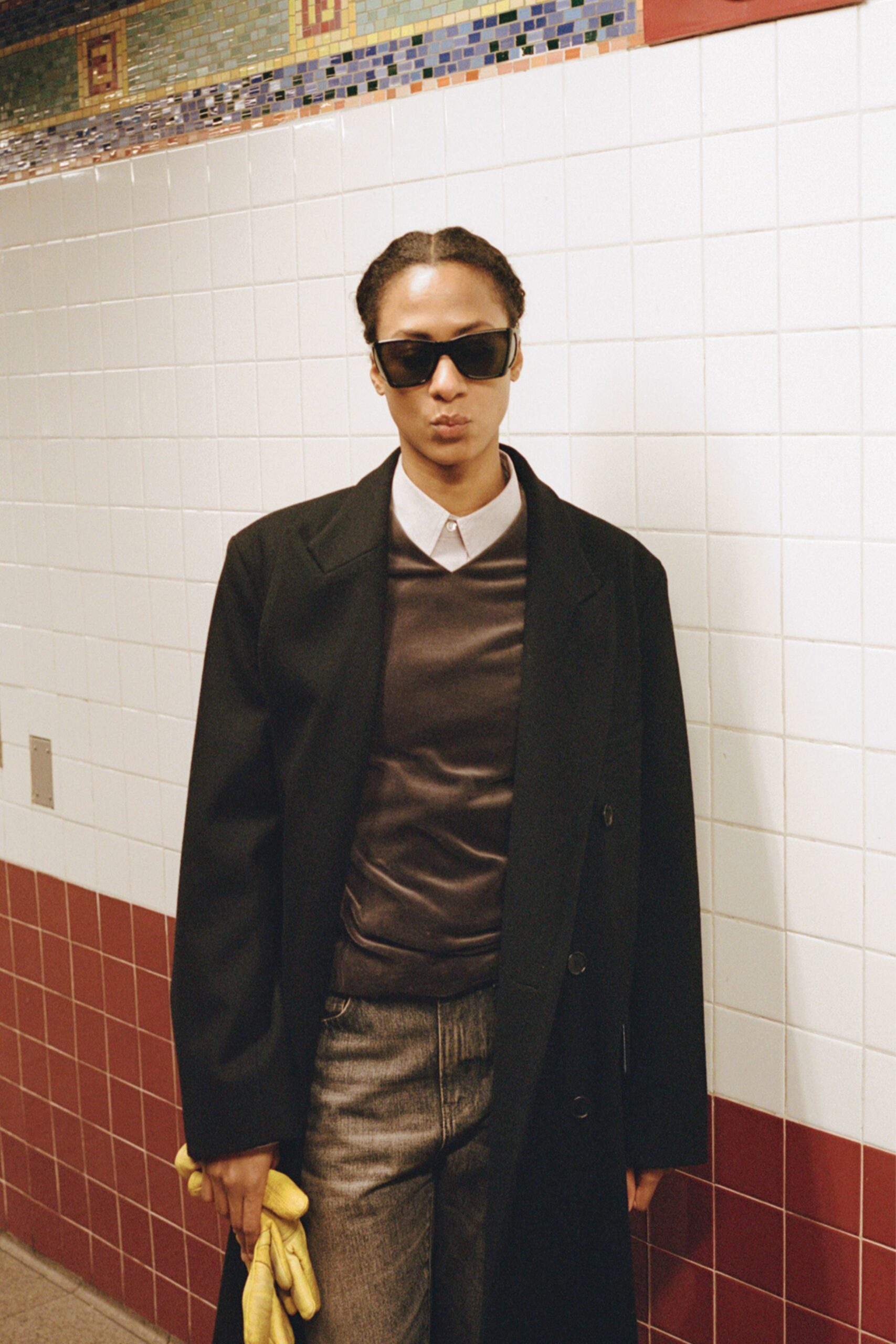 black wool coat with gray top