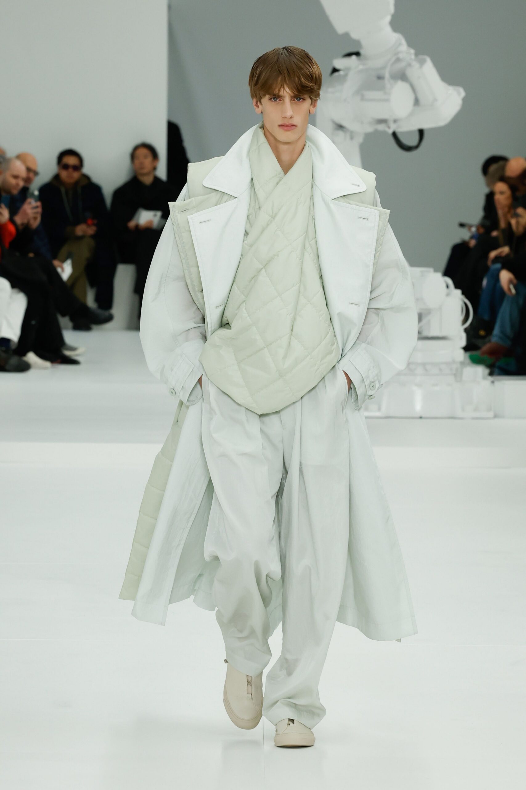 white cotton long-sleeve collared relaxed zippered maxi coat