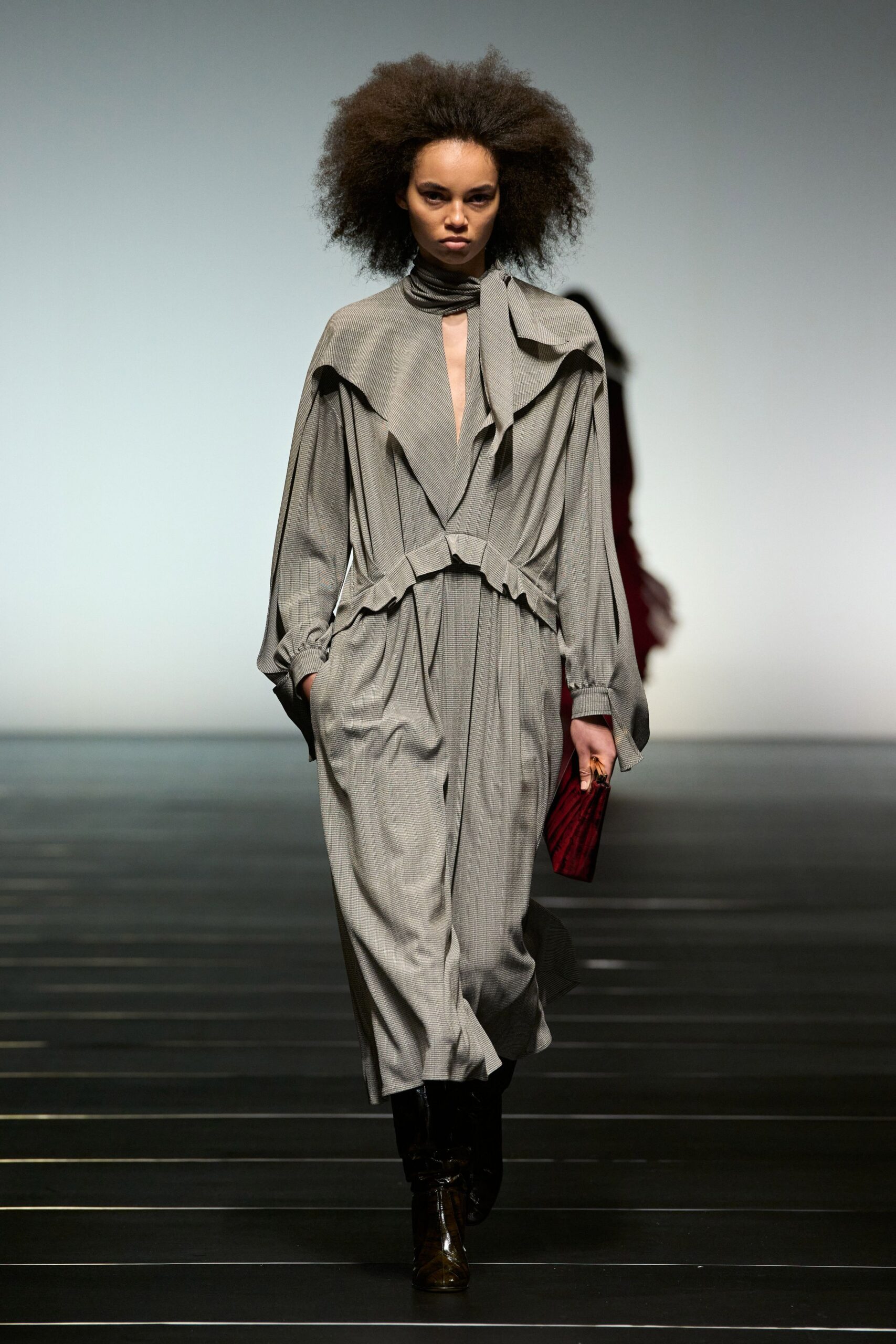 gray cotton long-sleeve v-neck relaxed pleated belted jumpsuit