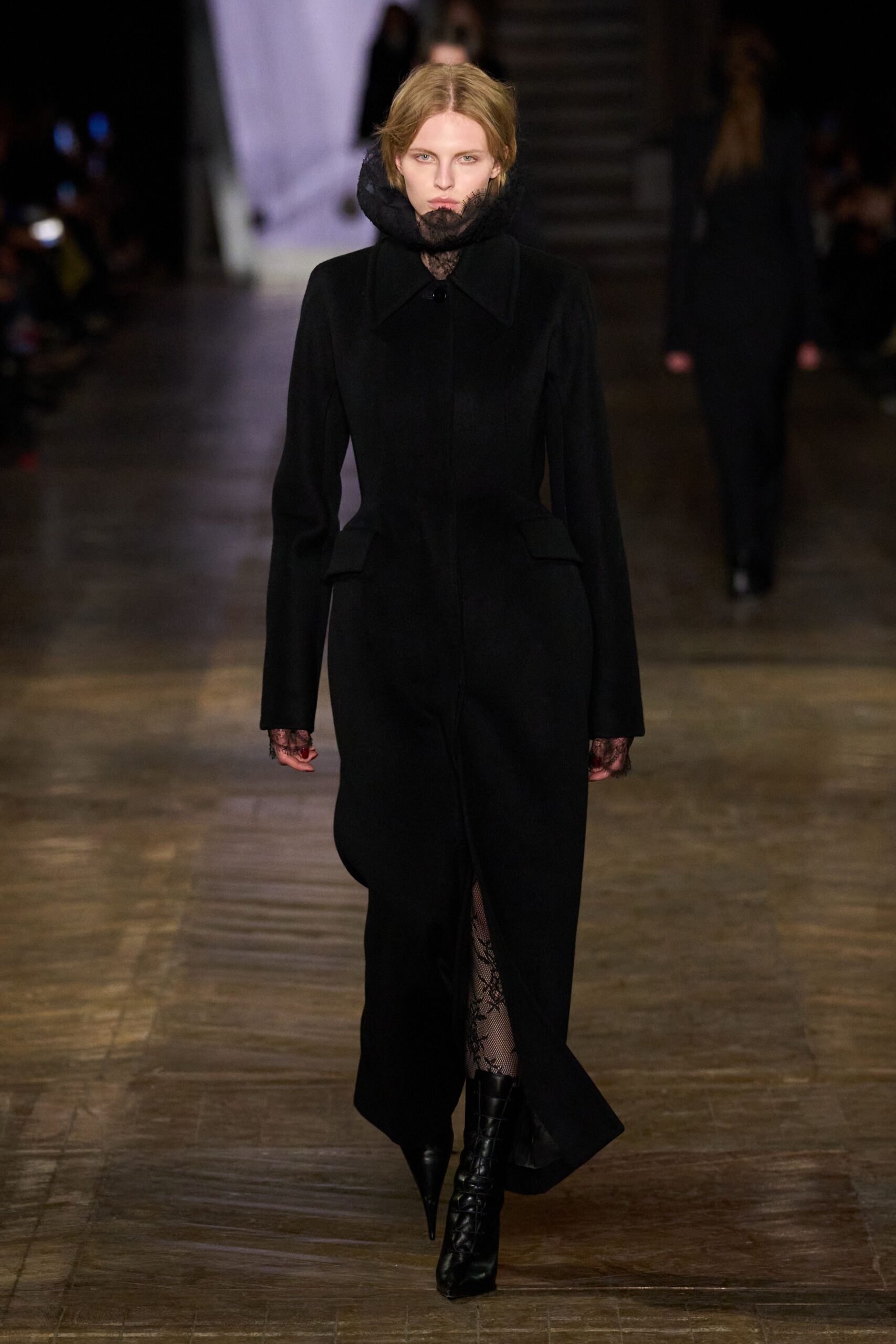 black wool long-sleeve collared fitted buttoned maxi coat