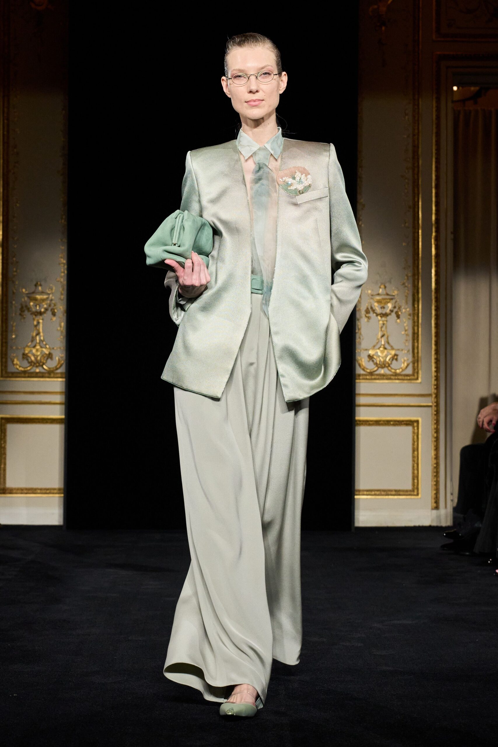 green silk long-sleeve collared structured buttoned shiny blazer