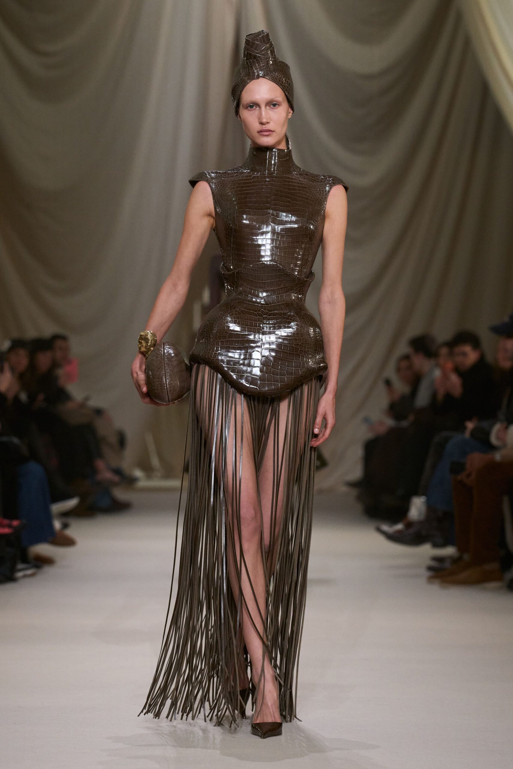 brown vinyl sleeveless high-neck fitted fringed shiny dress