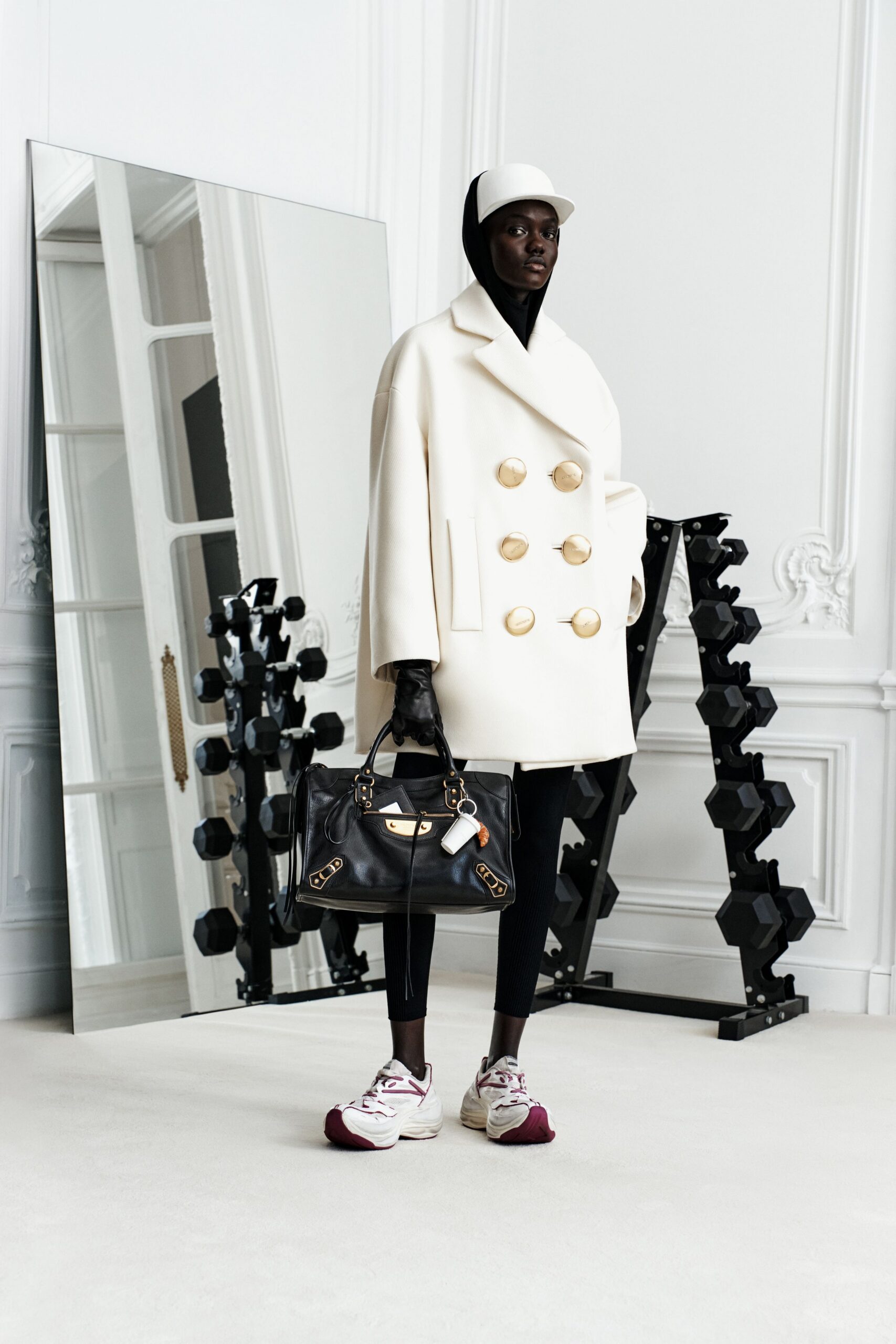 white wool long-sleeve collared oversized buttoned coat