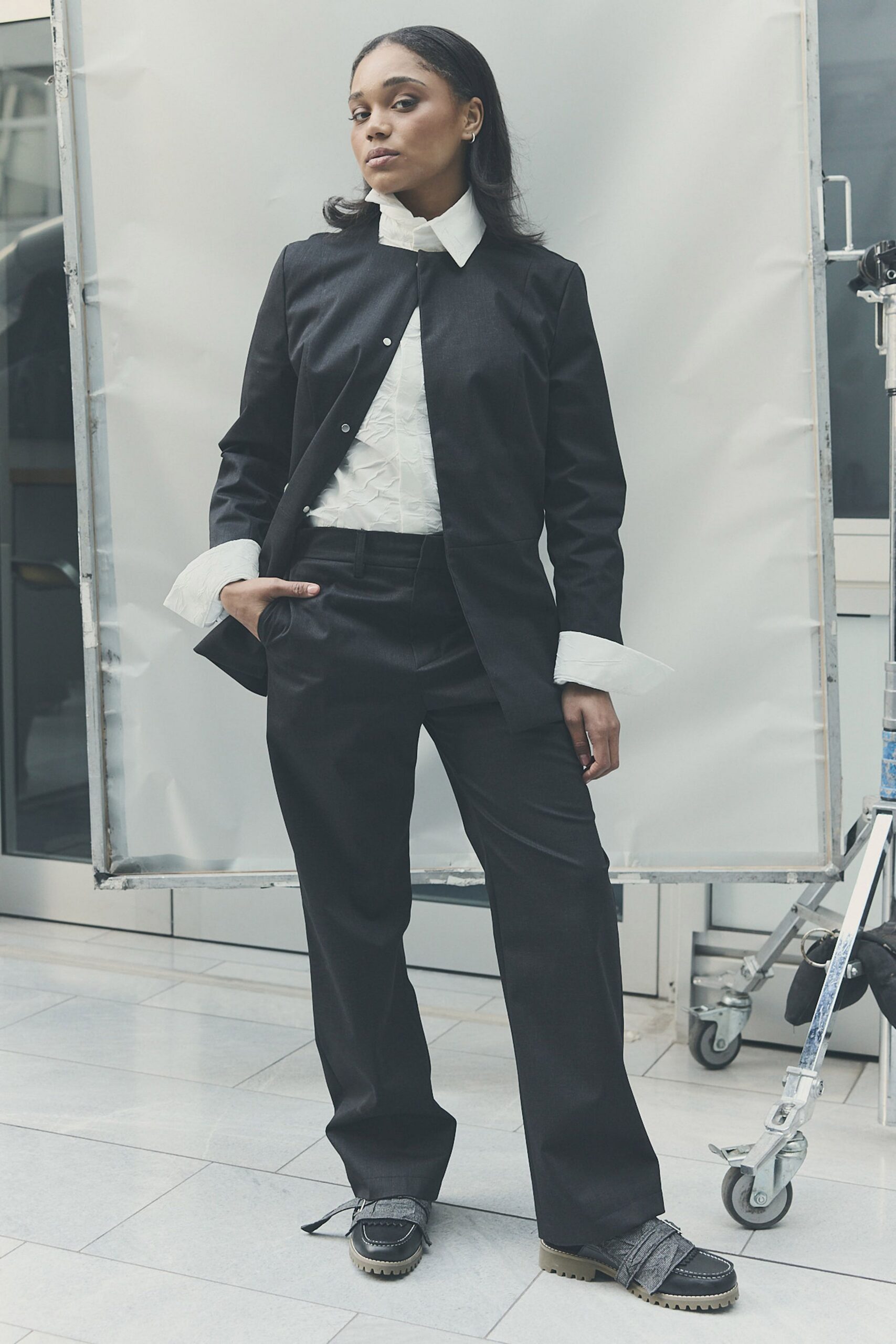 black blazer white shirt black pants